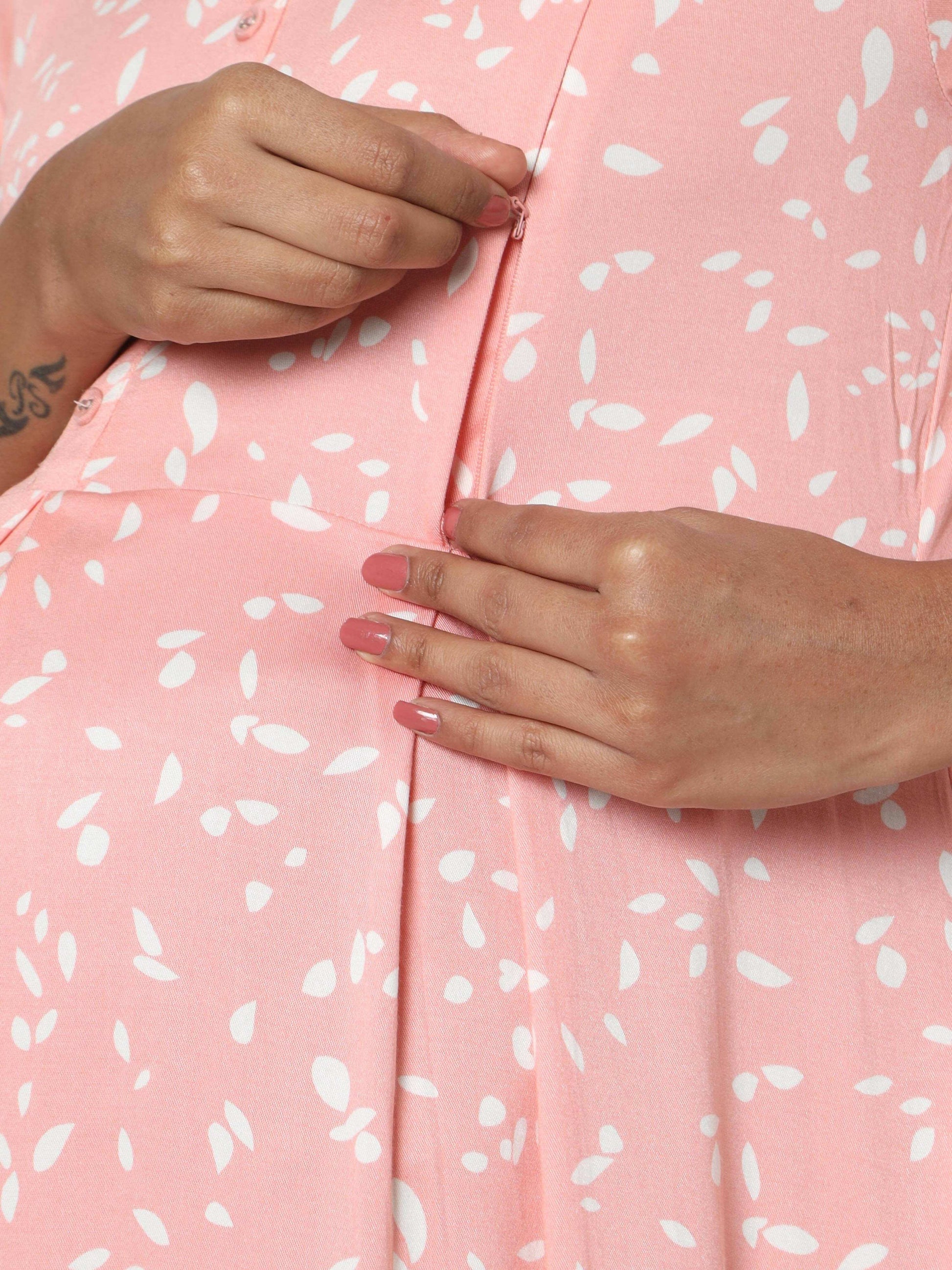 Manet Three Fourth Maternity Dress White Dot Print With Concealed Zipper Nursing Access - Pink