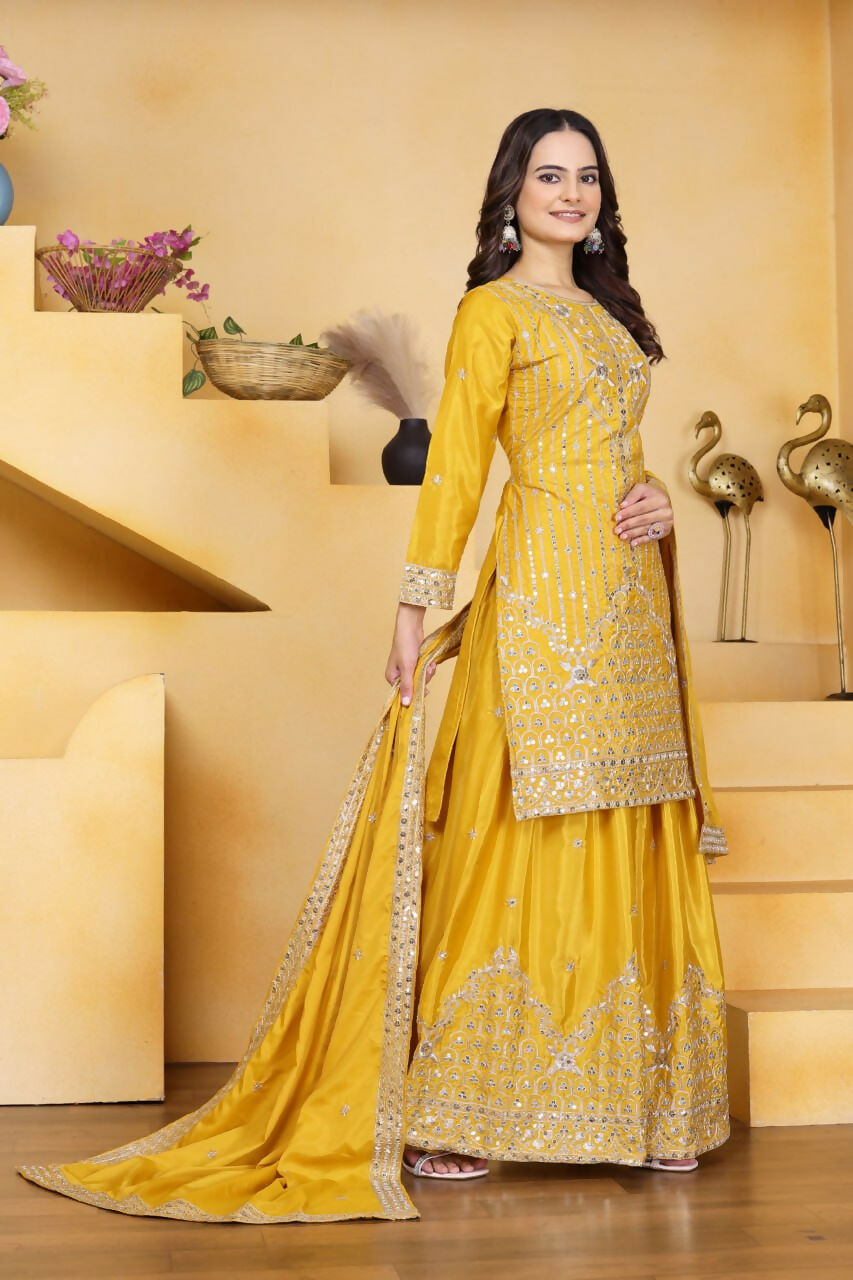Joban Fashion Yellow Crepe Embroidered Sharara Set