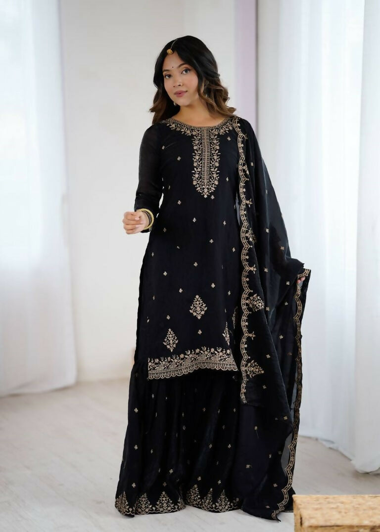 Teeya Creation Black Color Crunchy Silk Embroidery Work Wedding Wear Salwar Suit