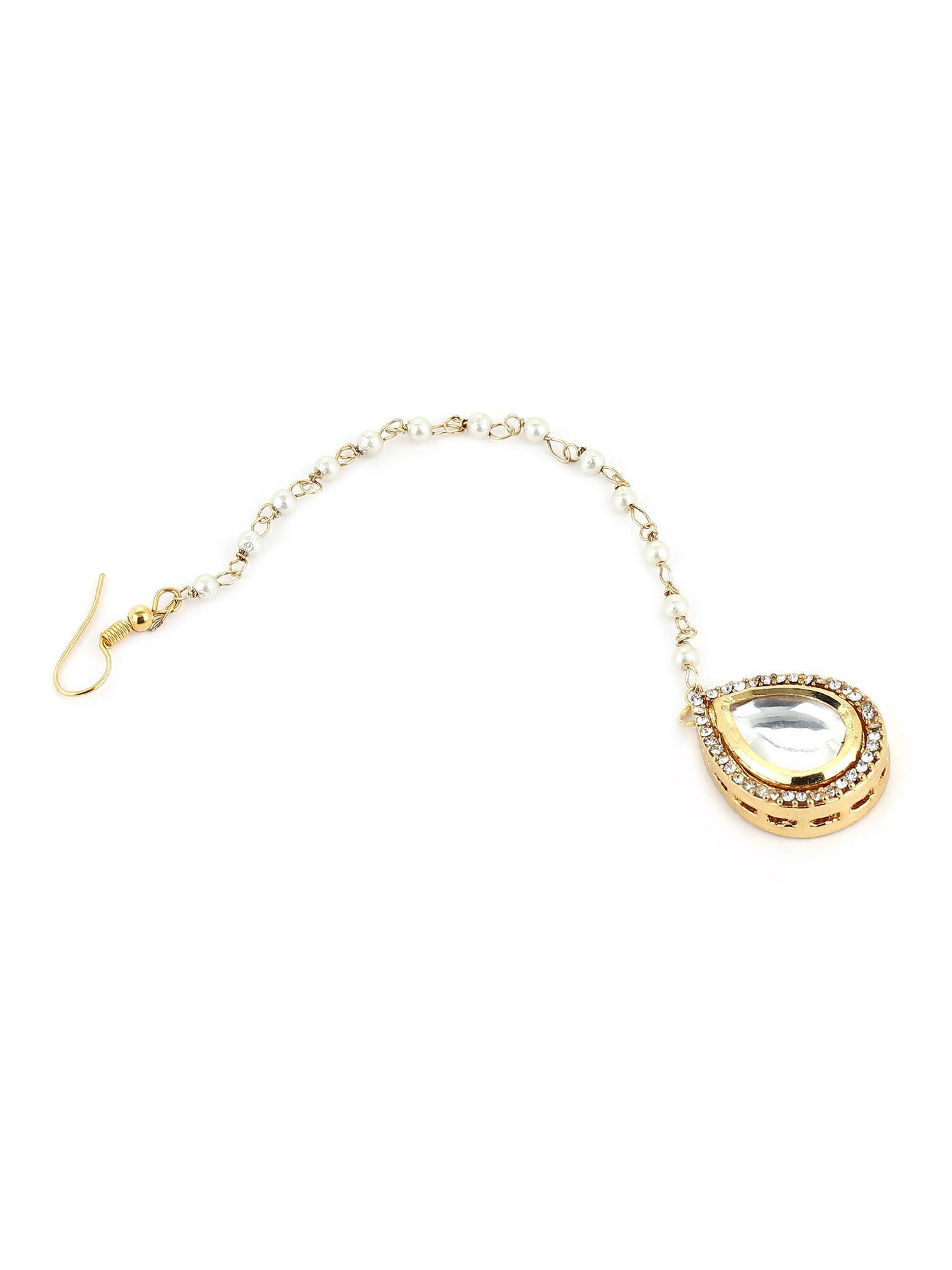 Gold-Plated White Kundan-Studded Pearl Beaded Maang Tikka - Ruby Raang - Grab2buy