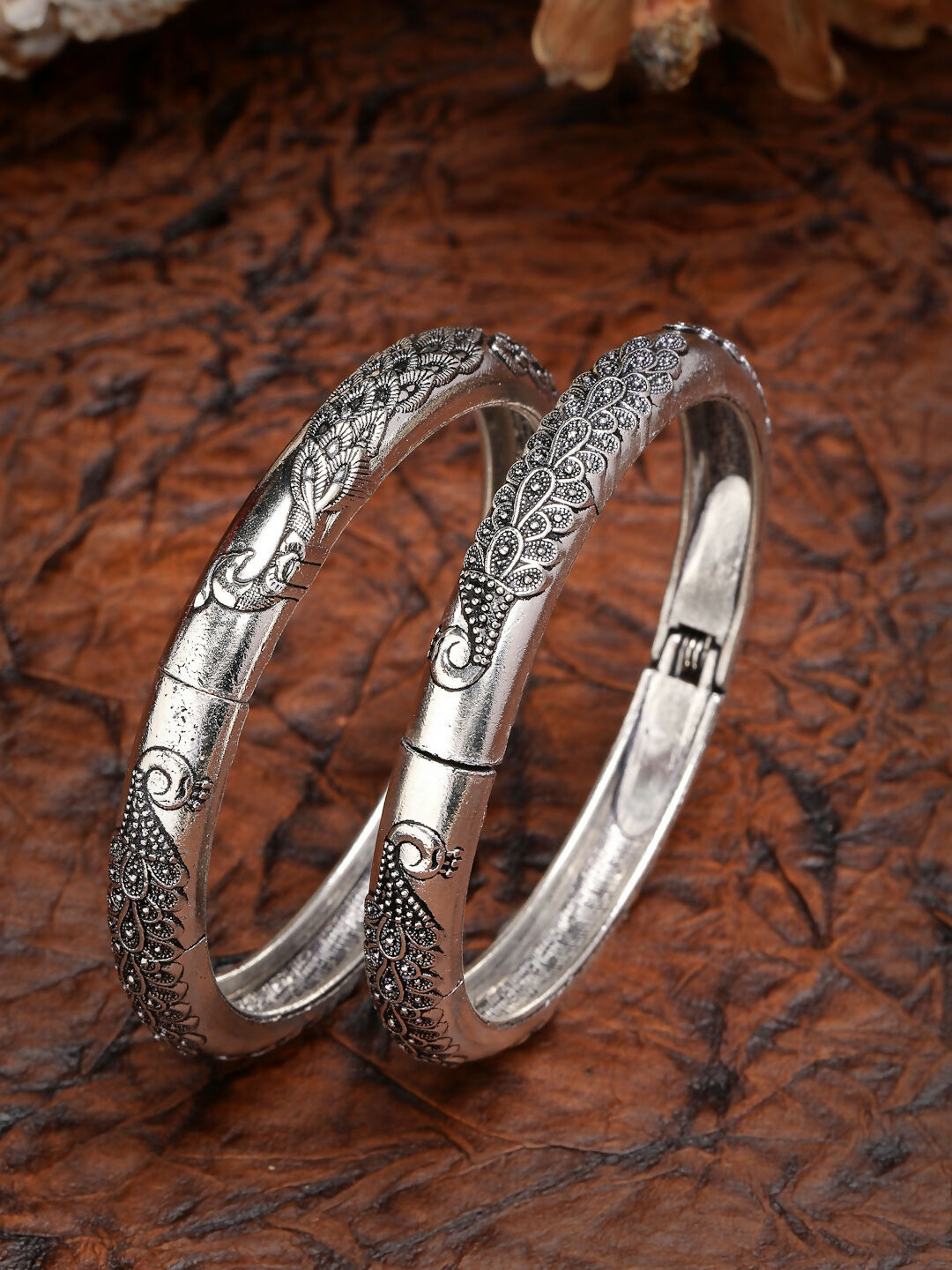 NVR Women's Set of 2 Silver-Toned German Silver Peacock Design Oxidised Kada Bangle 