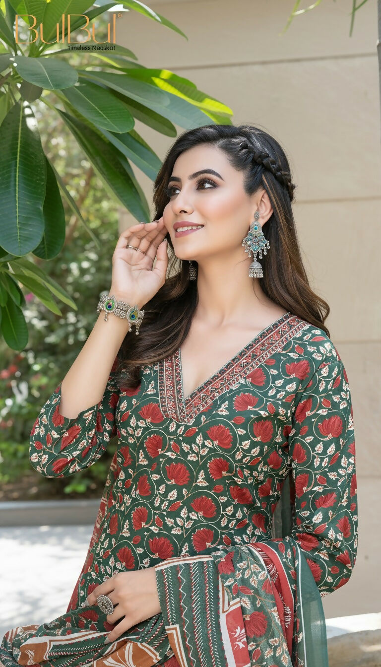 BulBul Fashionista Green Cotton Kurta Set with Dupatta 