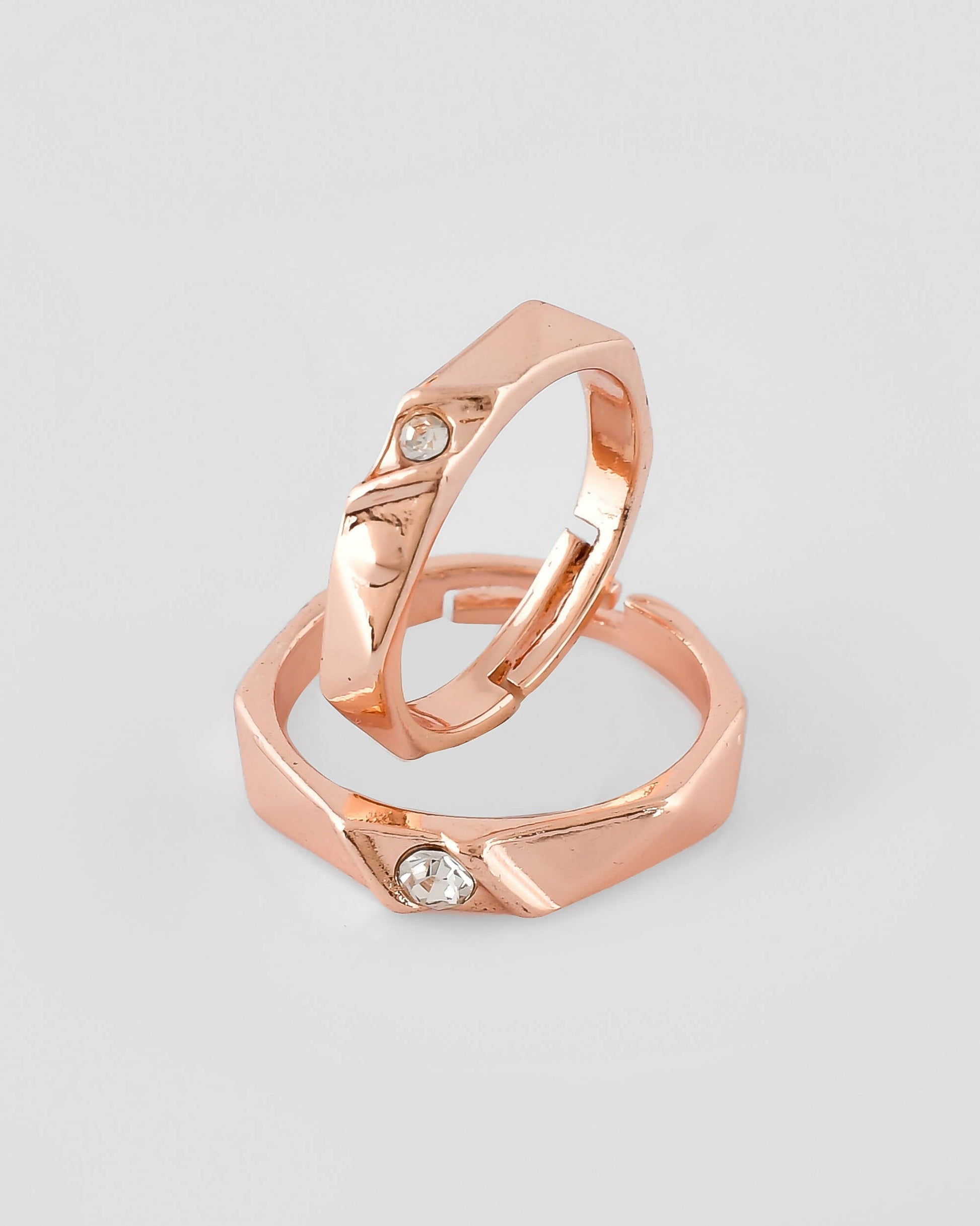 VOJ Stainless Steel Cubic Zirconia Rose Gold-Polished Adjustable Ring Set for Couple 