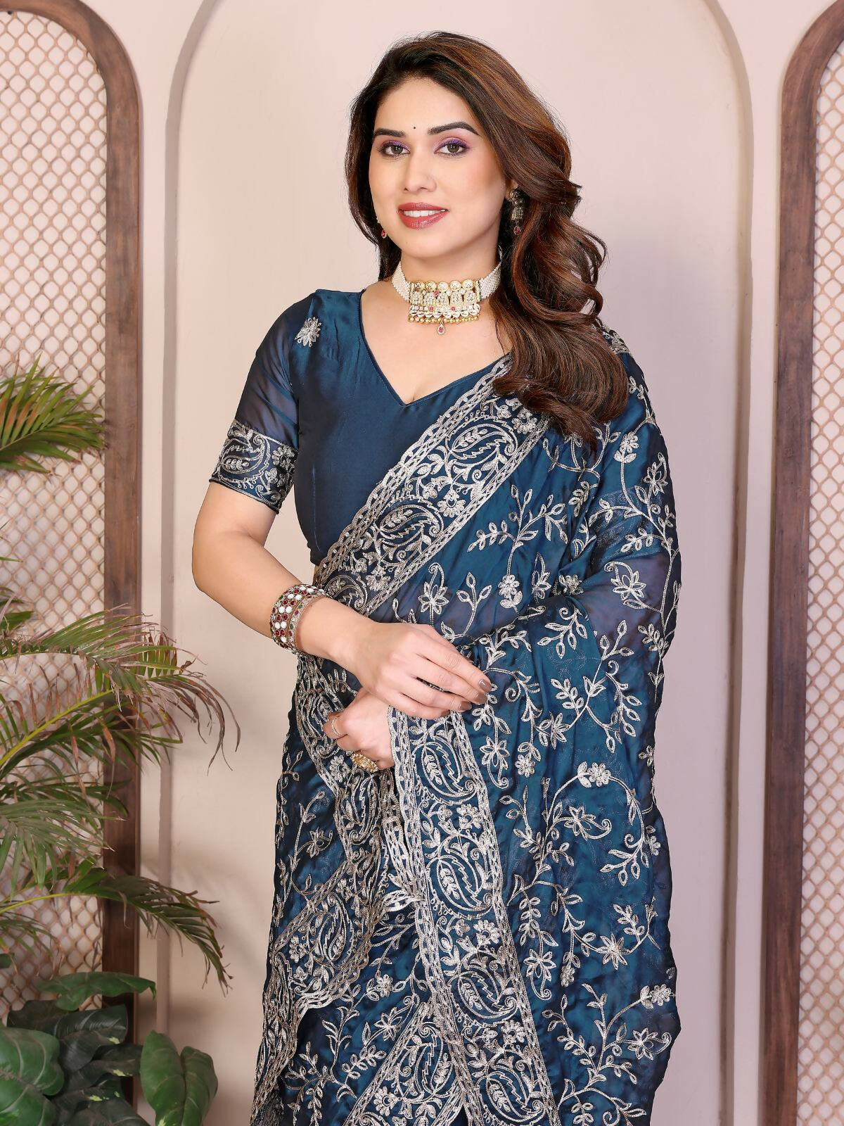 Teeya Creation New Trendy Party Wear Soft Silk Saree-Blue
