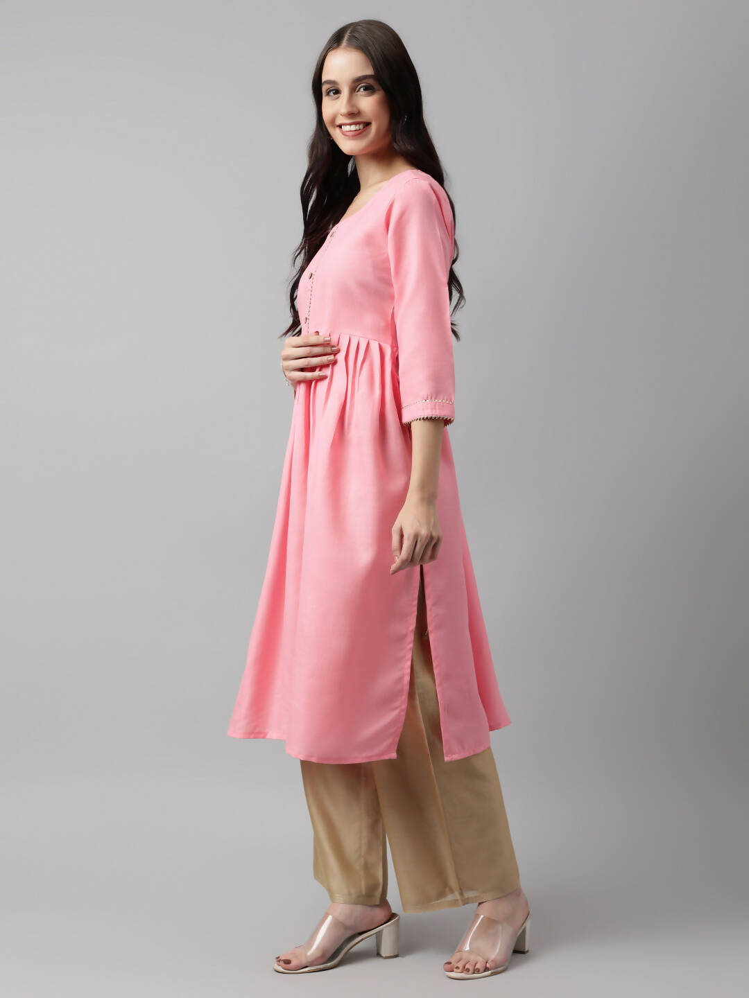 Pink Poly Cotton Solid Nayra Cut Kurta - Tirtha