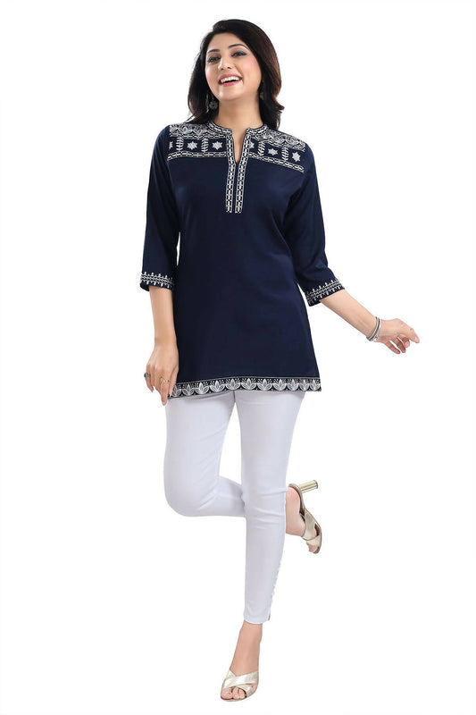 Snehal Creations Novel Navy Blue Women Embroidered Boho Chic Tunic Top
