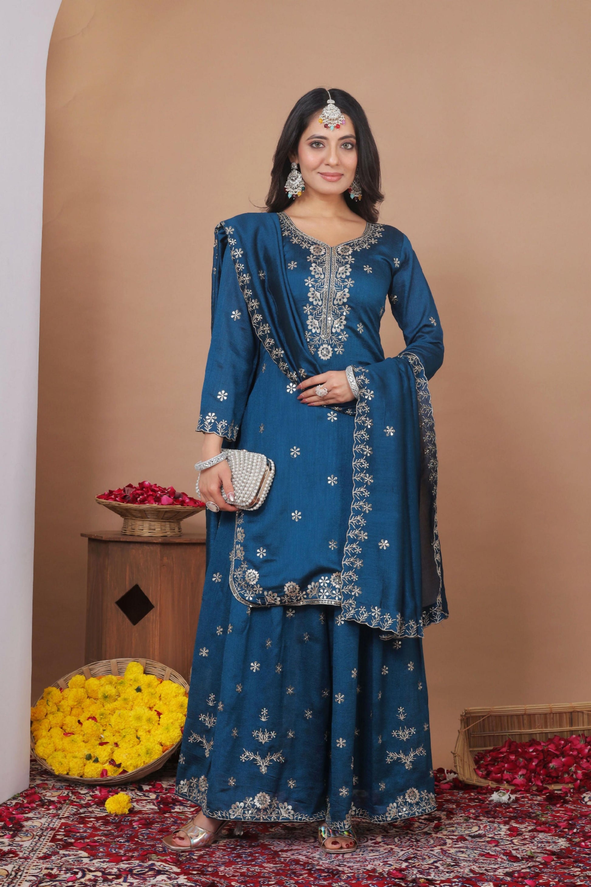 Lehenga Mart Designer Sharara Suit With Kurta, Sharara, Dupatta For Women-Teal Blue