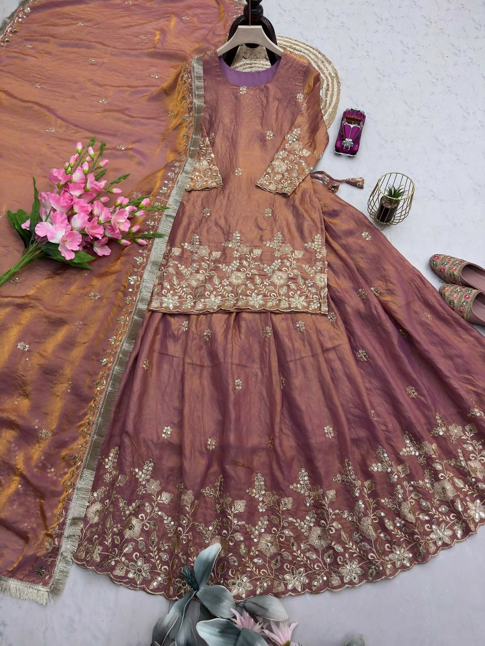 Teeya Creation Womens New Latest Heavy Embroidery Sequins Work Lehenga Set - Purple