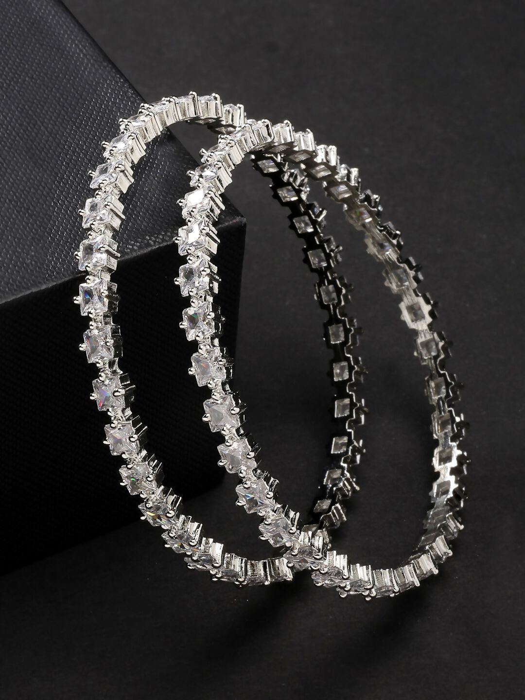 NVR Women's Set of 2 Silver-Plated CZ Stone-Studded Handcrafted Bangles | Grab2Buy
