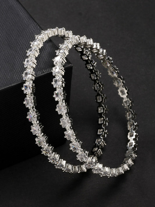 NVR Women's Set of 2 Silver-Plated CZ Stone-Studded Handcrafted Bangles 