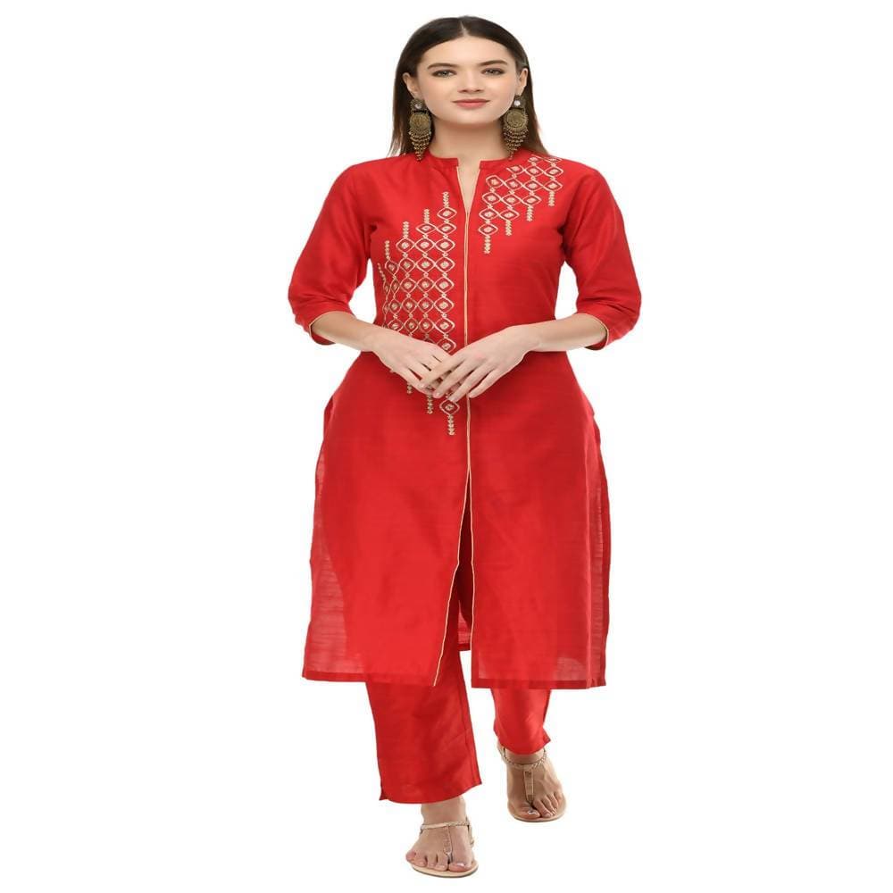 Lagi Women's Red Poly silk Straight Embroidred Kurta Pant (RO115B) 