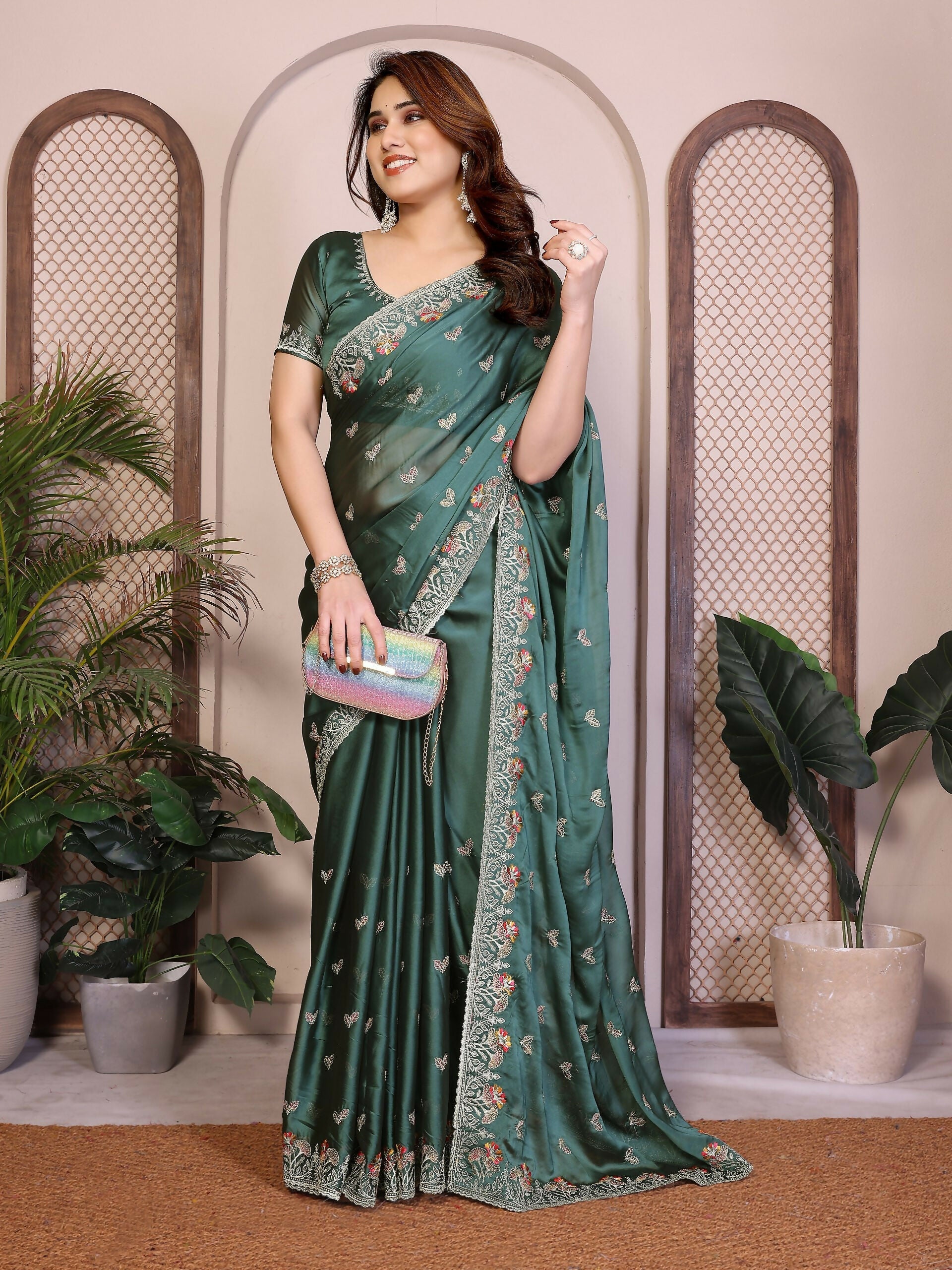 Teeya Creation New Trendy Stylish Party Wear Silk Saree-Green