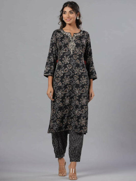 Juniper Women Black Rayon Slub Printed with Embroidered Kurta and Pants Set
