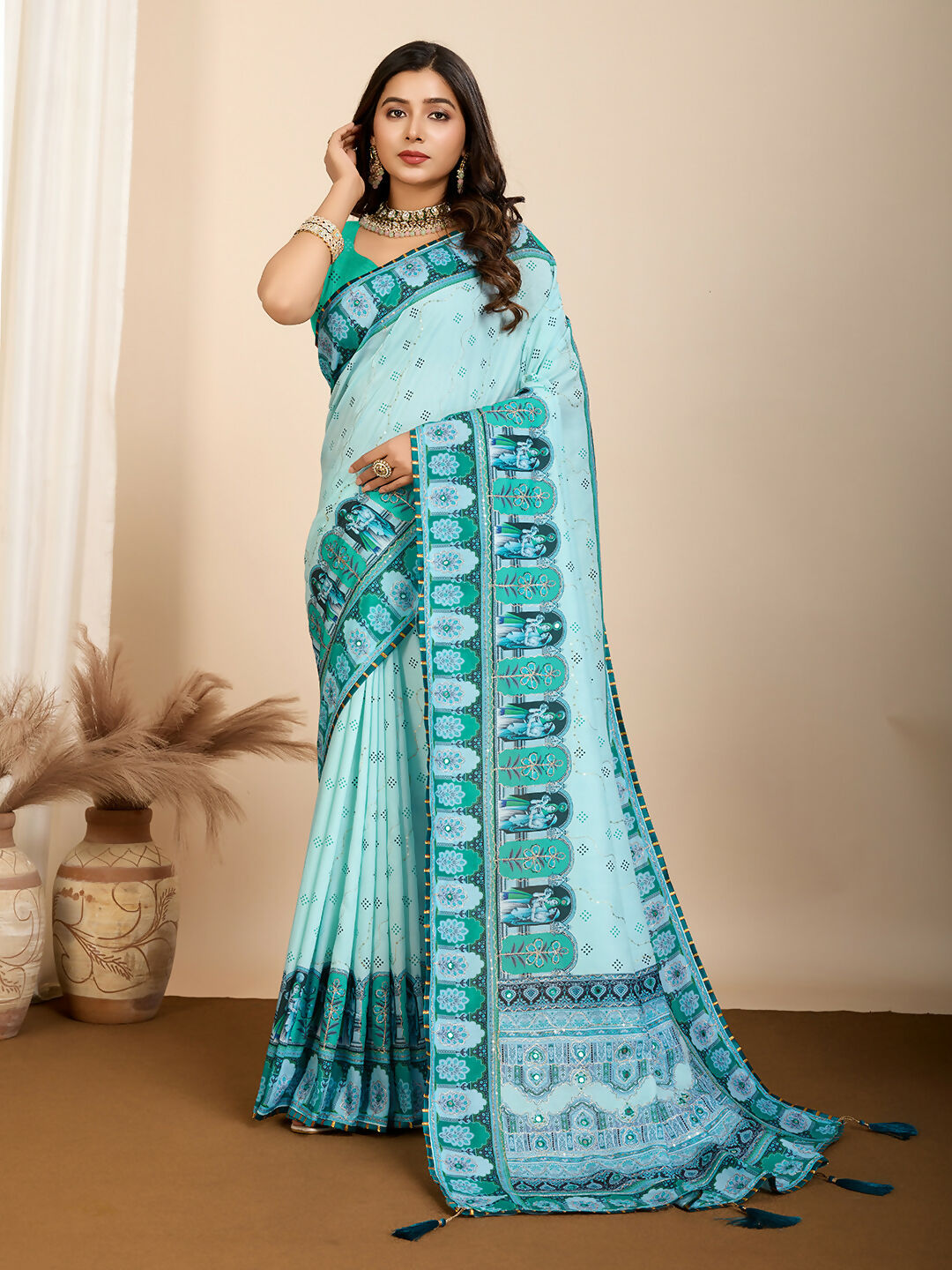 Cyan Muslin Cotton Designer Digital Printed Saree - Lavisha