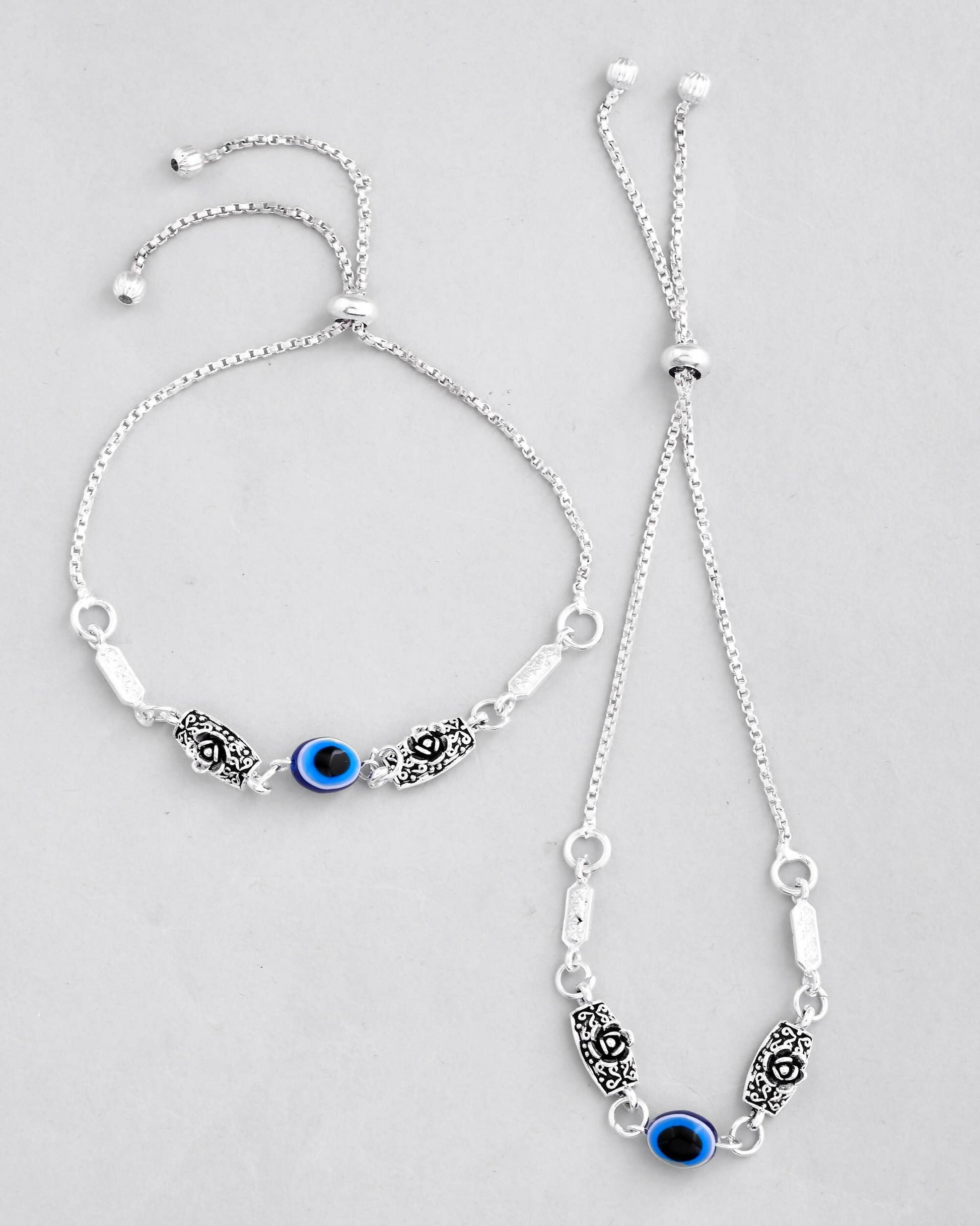 VOJ Set of 2 Silver Plated Flower And Evil Eye HandCrafted Anklet 