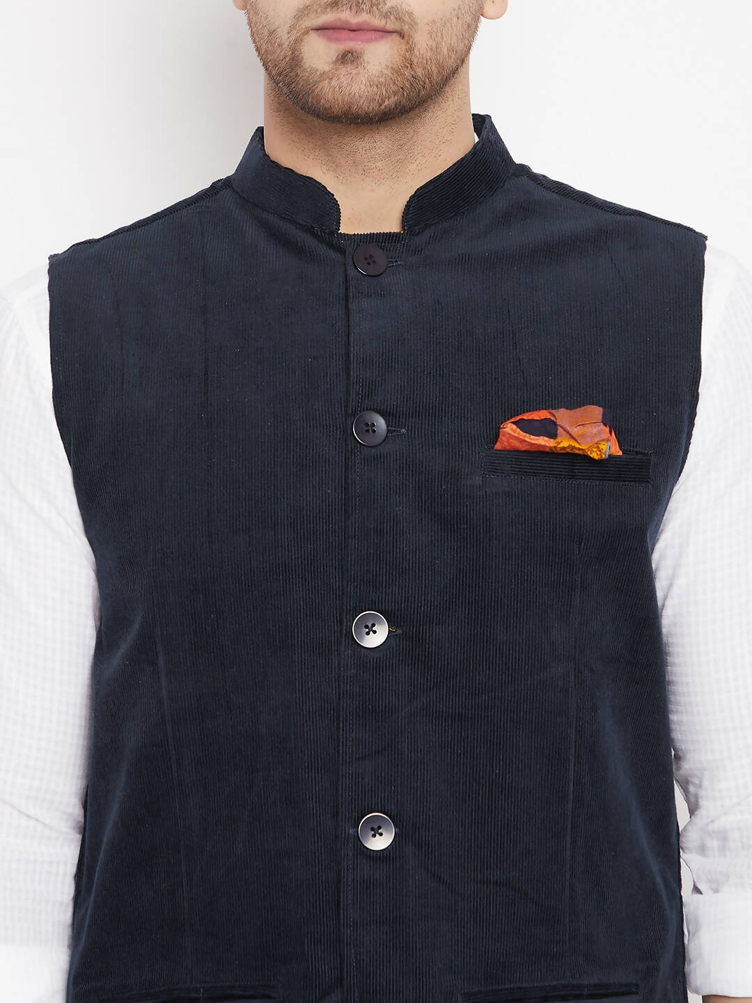Even Apparels Navy Polyester Men's Nehru Jacket-Contrast Lining-Inbuilt Pocket Square 