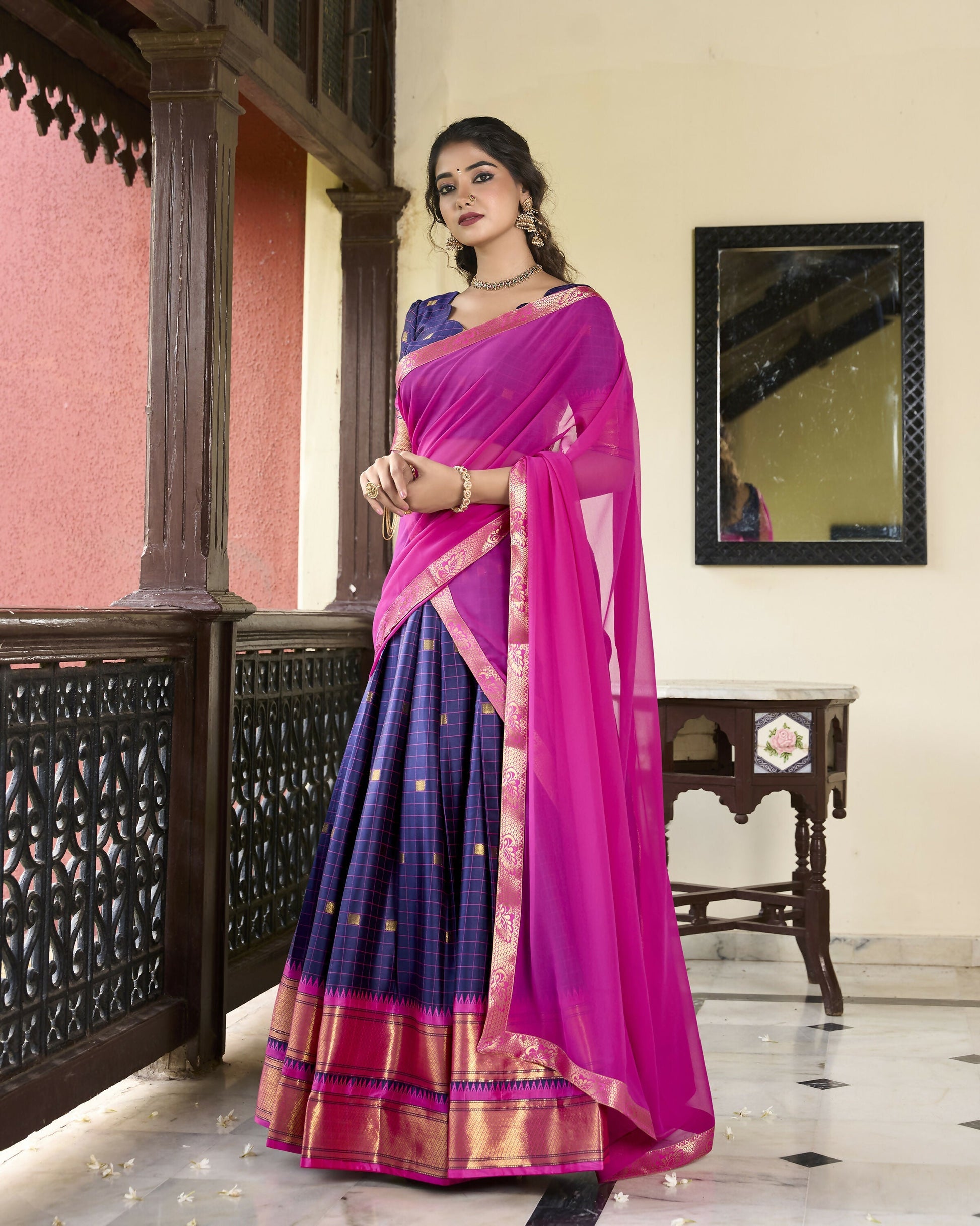 Lorenvalley Navyblue Cotton Silk Weaving Work With Paithani Concept Lehenga Choli 