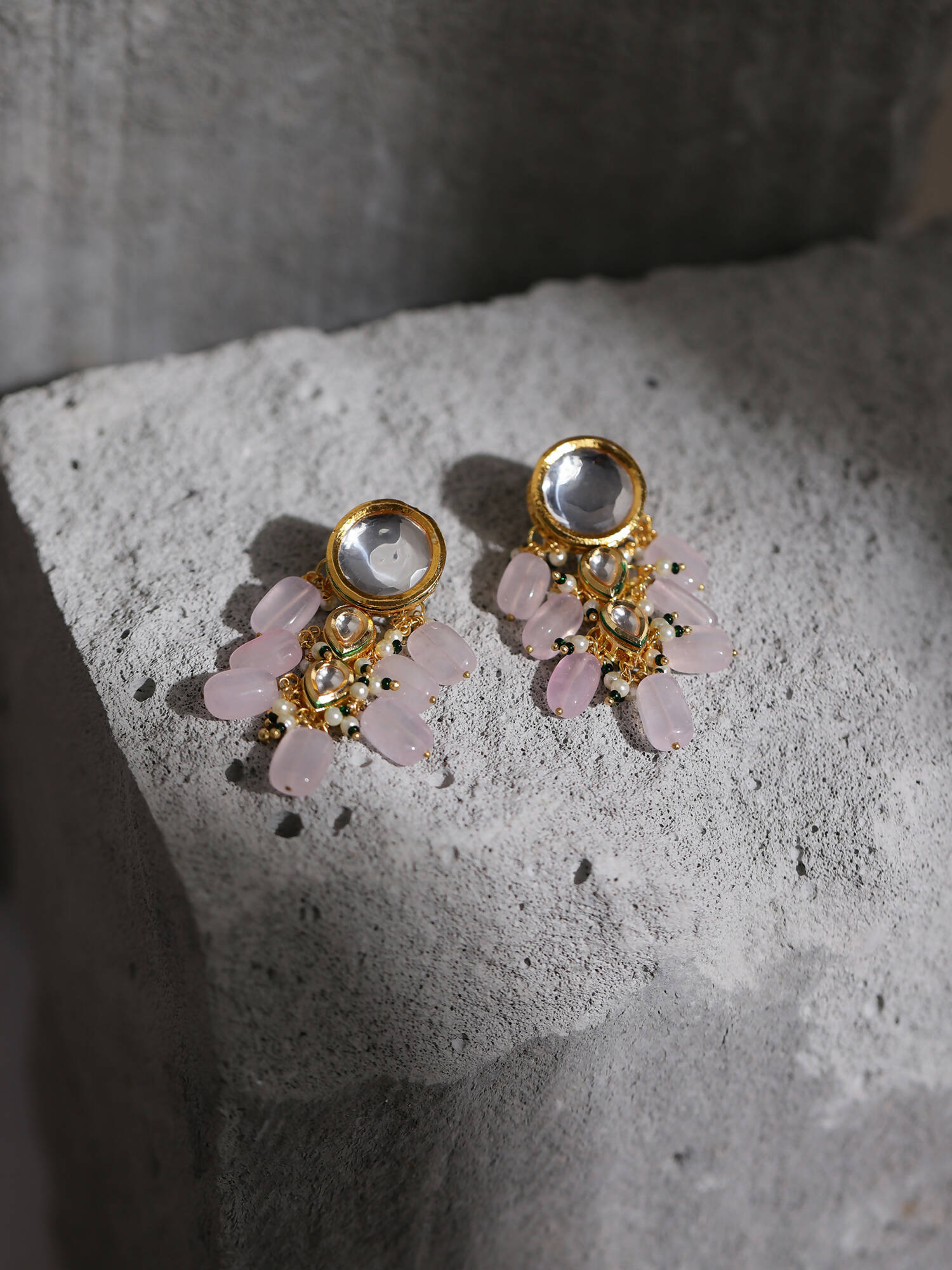 Gold-Toned White Kundan Contemporary Gold-Polished Drop Earrings - Ruby Raang
