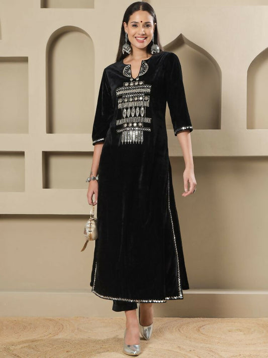 Joban Fashion Women Black Velvet Hand Embellishment Stitched Kurta Set