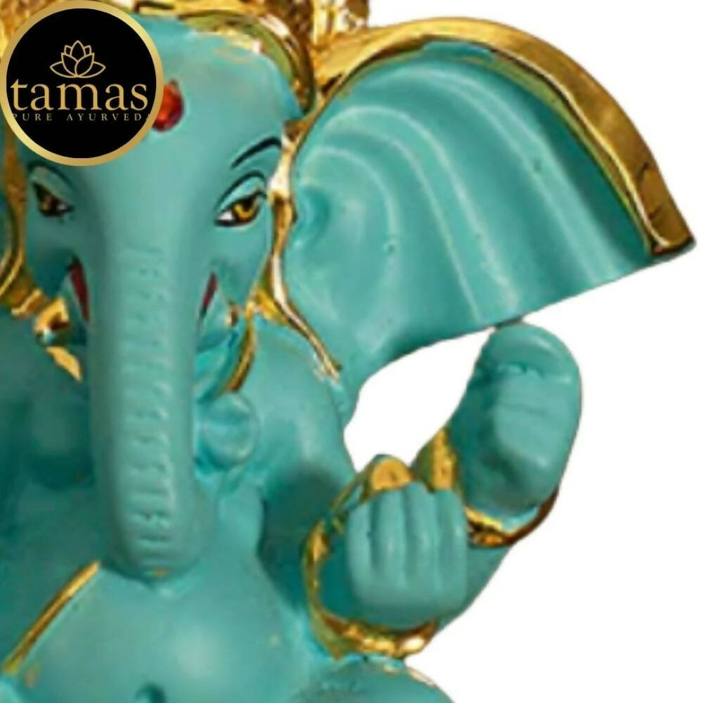 Tamas Gold-Polished Gaj Karna Ganesh Idol Flora Blue & Gold Color 