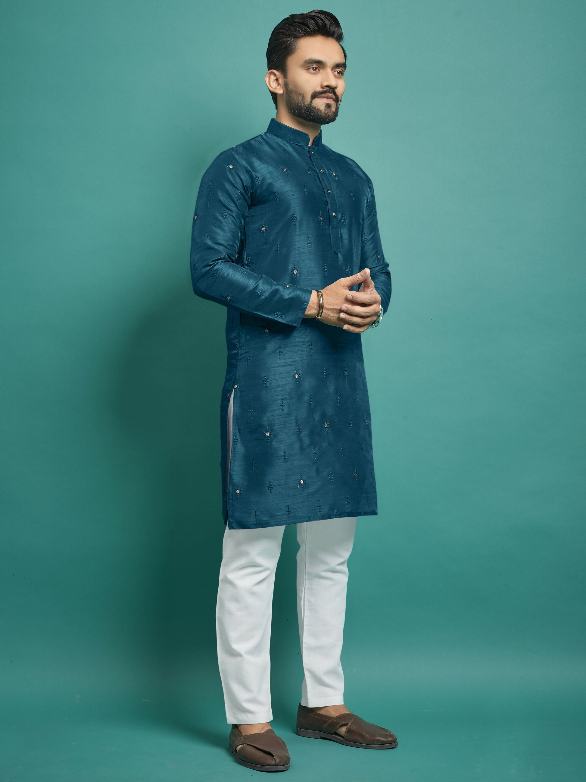 Mens Kurta Set Rama Blue Color Wedding Wear by Infinity Export