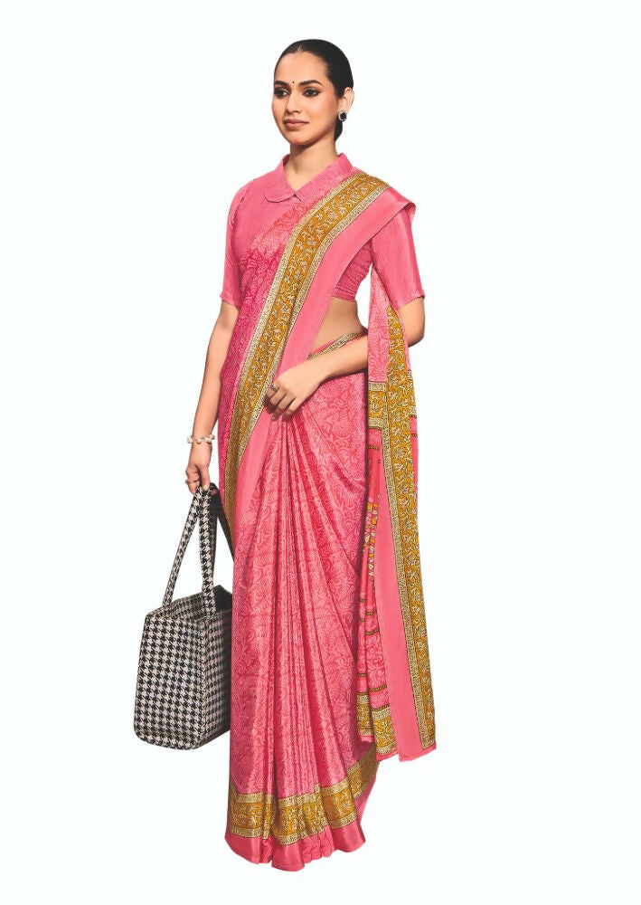 Joban Fashion Pink Crepe Silk with Traditional Print Saree