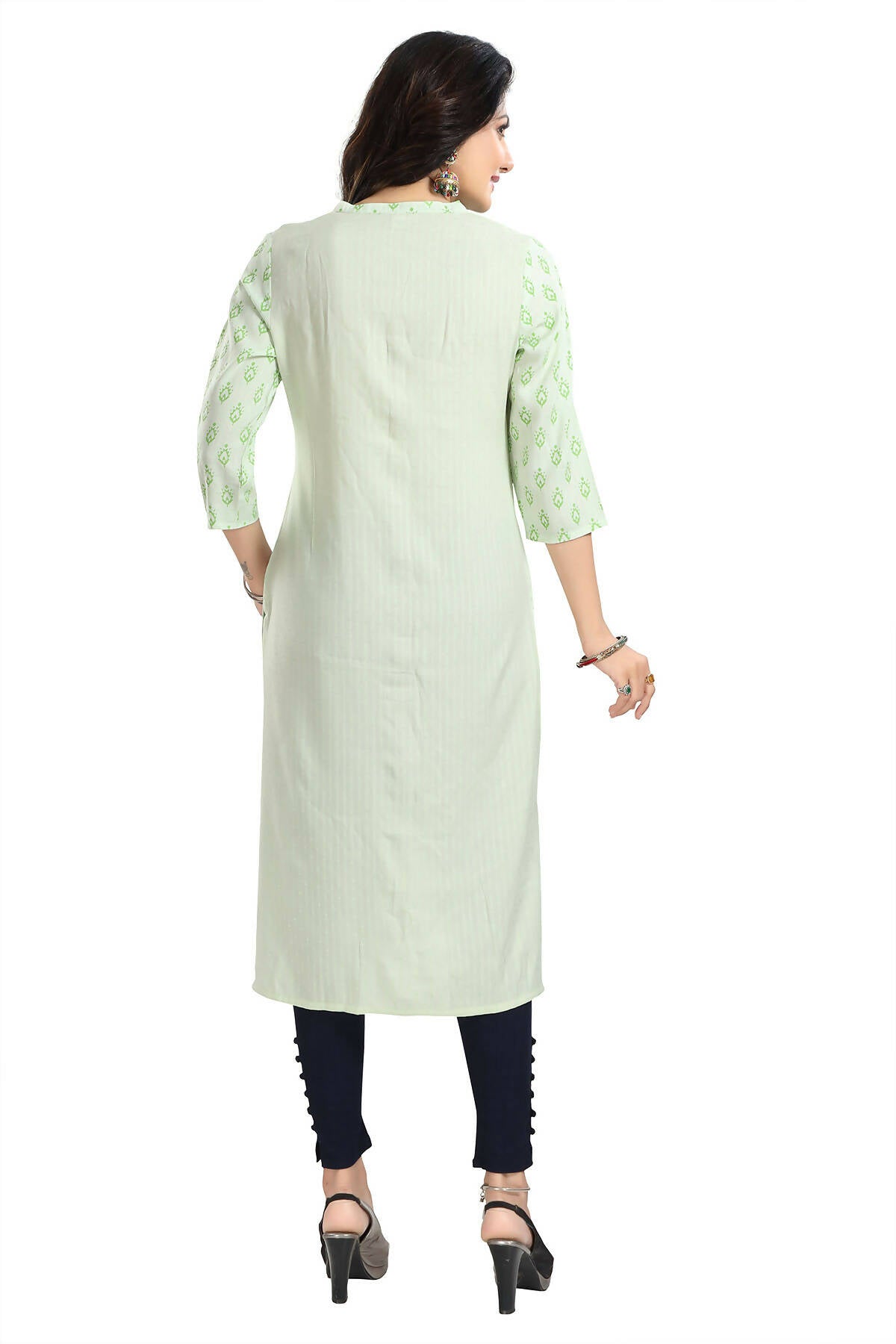 Snehal Creations Green Rayon Textured Print Long Kurta For Women