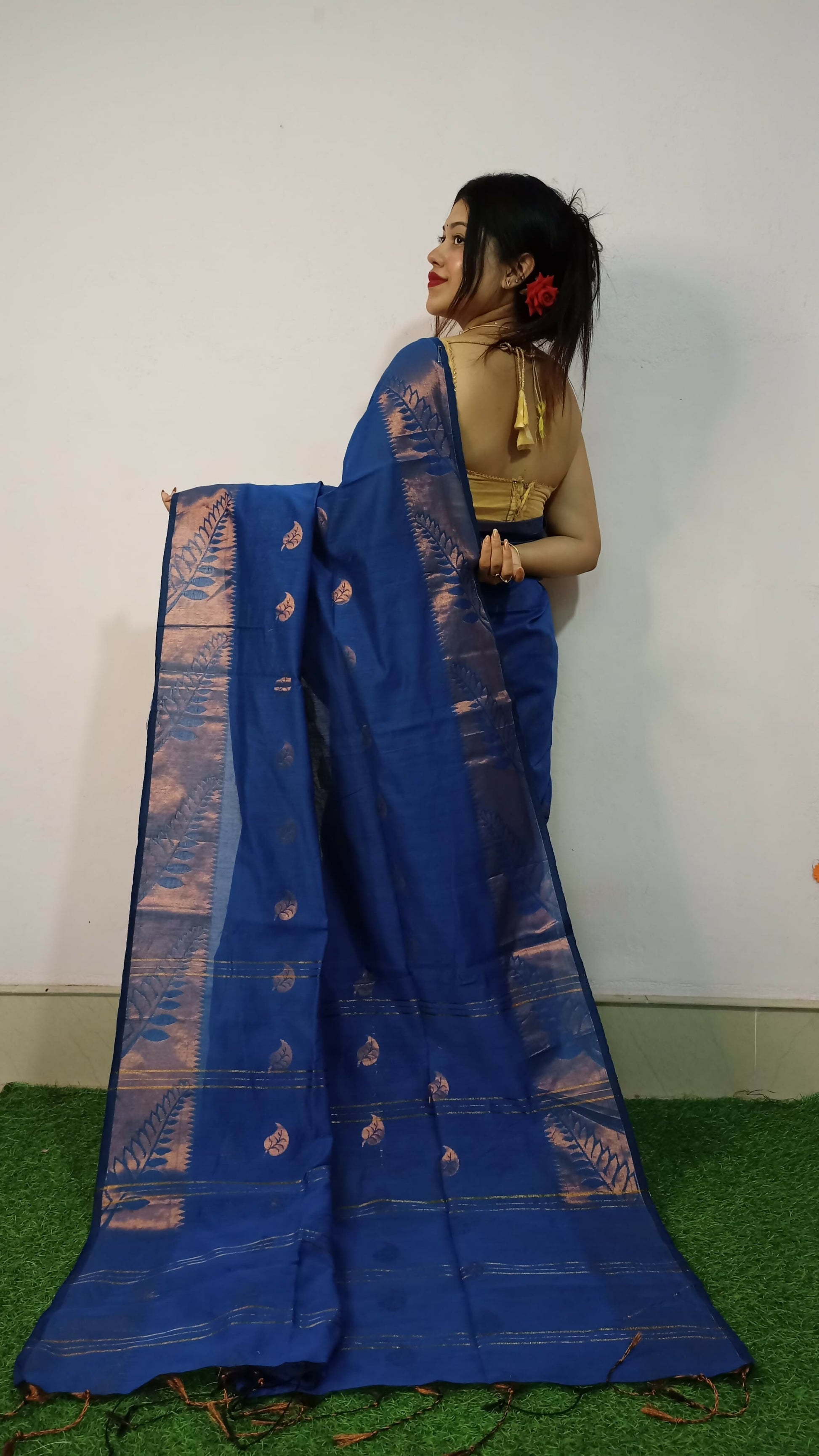 Exclusive Collection Beautiful Blue Cotton Silk Woven Handloom Grab2Buy With Running Blouse Piece 