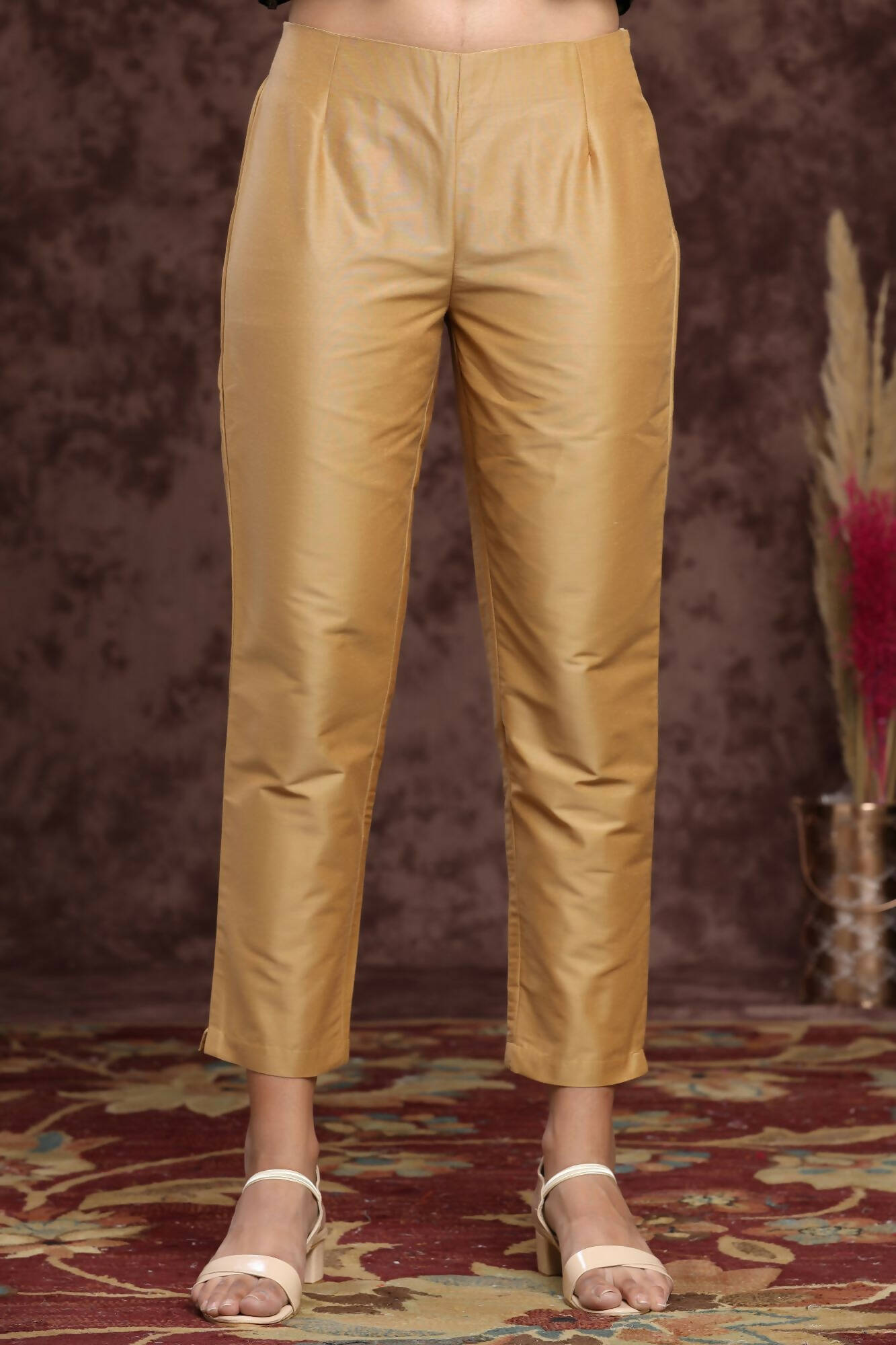 Juniper Women Gold Poly Silk Solid Slim Fit Pant/Slim Pant
