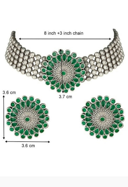 Mominos Fashion Johar Kamal Oxidised Silver-Plated Brass Finish Kundan Choker For Women (Green) - Grab2buy