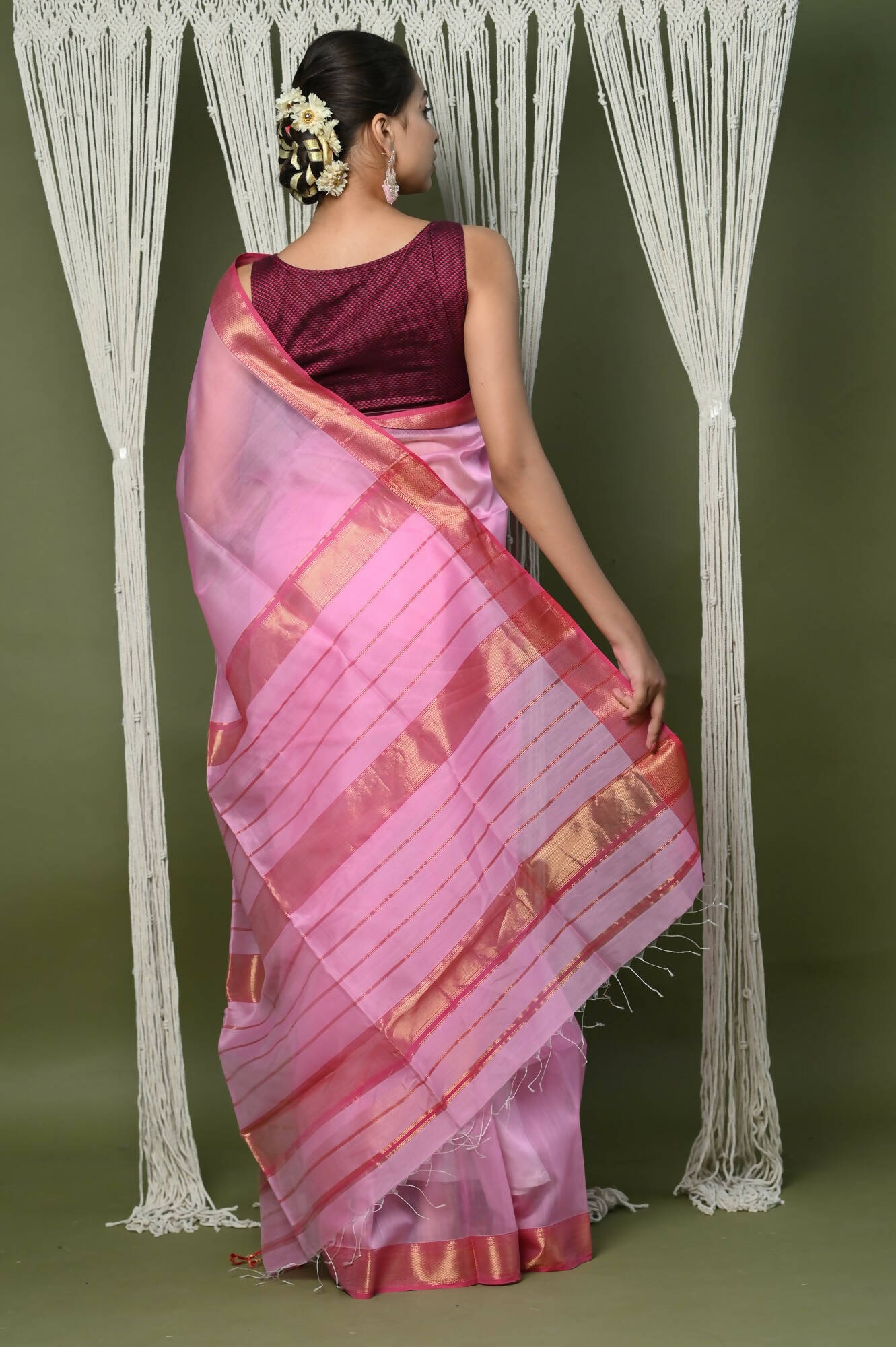 Very Much Indian Handloom Cotton Silk Maheshwari Grab2Buy With Sleek Golden Border - Rose Pink 