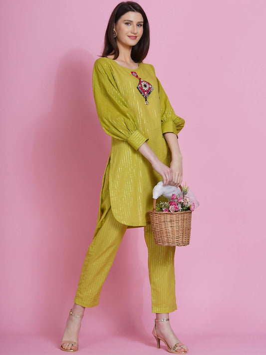 Women Republic Green Lurex Cotton Hand Embroidered Kurta With Pants - Grab2buy