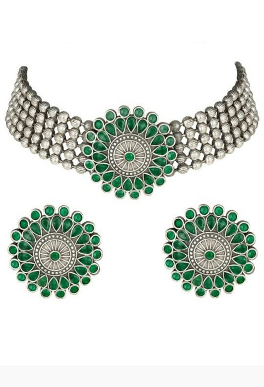 Mominos Fashion Johar Kamal Oxidised Silver-Plated Brass Finish Kundan Choker For Women (Green) - Grab2buy