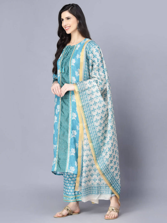 Myshka Women Blue Ethnic Motifs Printed Kurta with Trousers With Dupatta