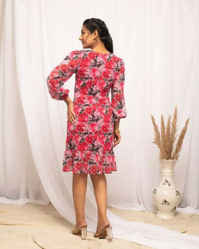FIORRA Women's Red & Pink Georgette Floral Printed Western Dress 