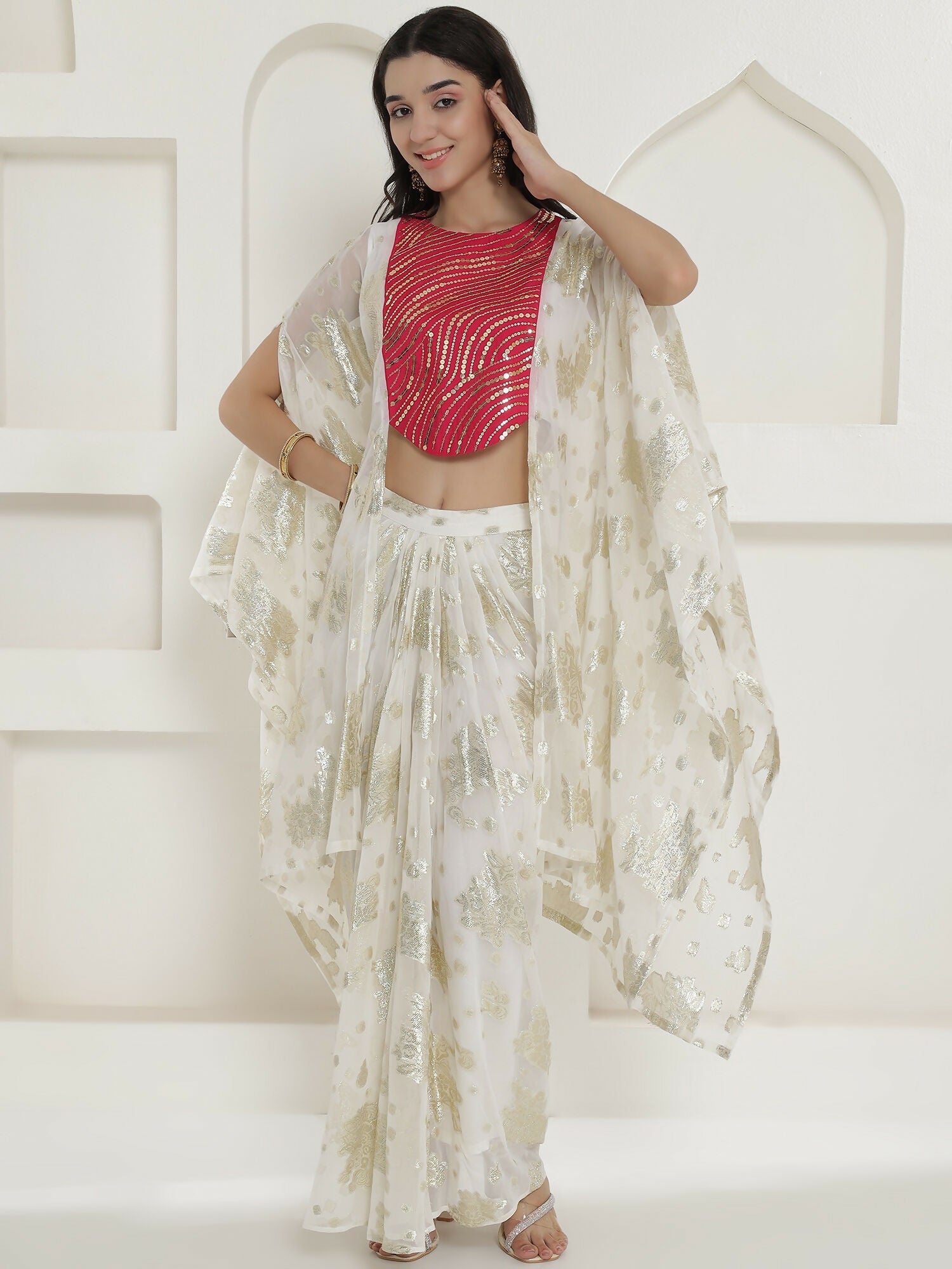 Joban Fashion White & Pink Kaftaan With Skirt