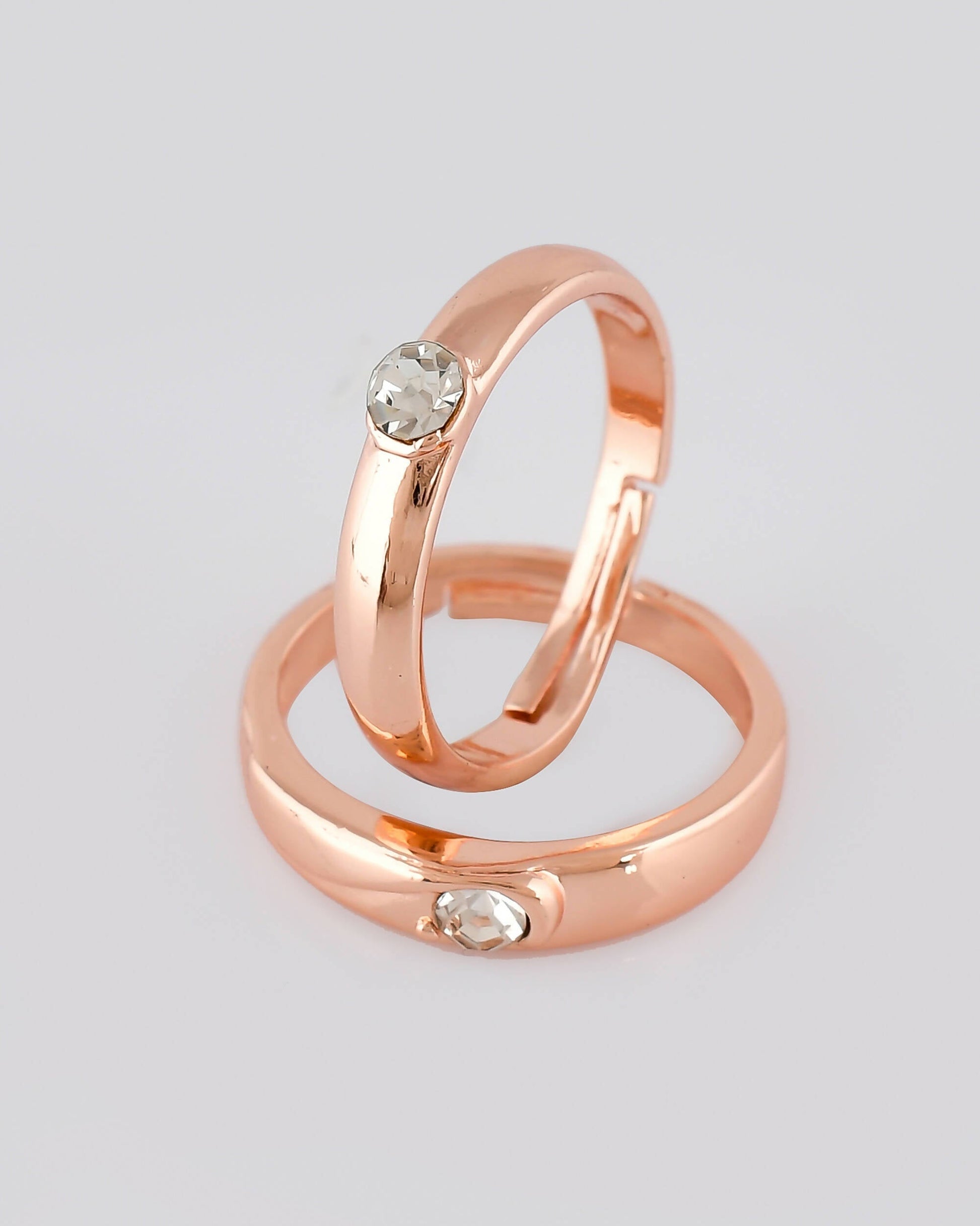 VOJ Stainless Steel Cubic Zirconia Rose Gold-Polished Adjustable Ring Set for Couple 