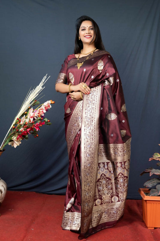 Jyoti Fashion Women's Brown Paithani Silk Zari Woven Saree with Blouse | Swadesiicart
