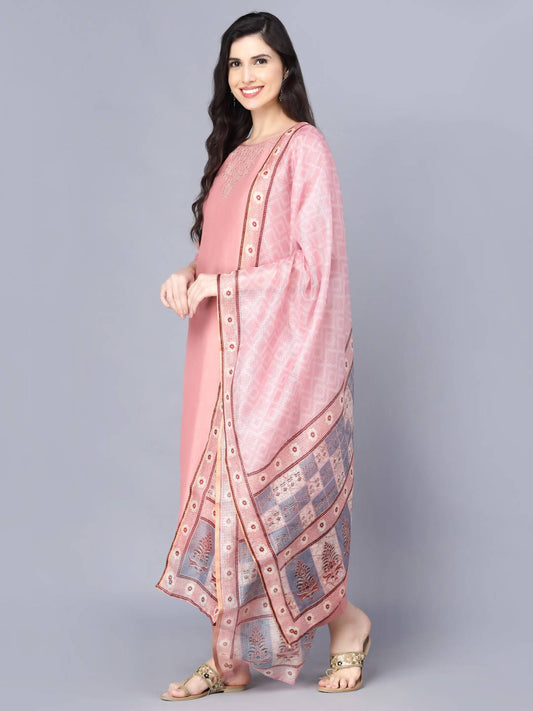 Myshka Women Peach-Coloured Layered Kurta with Trousers With Dupatta