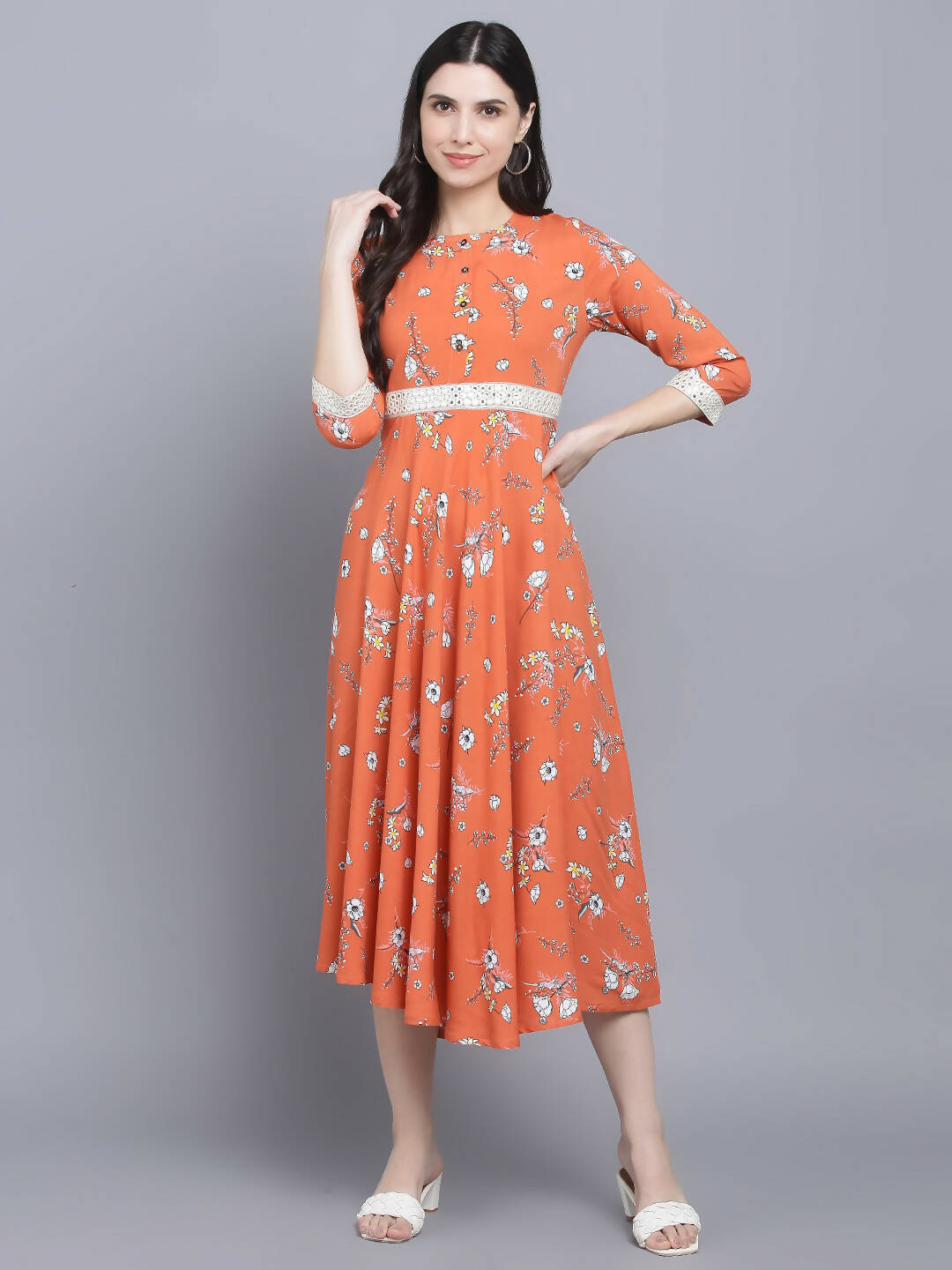 Myshka Women's Orange Floral Midi Dress