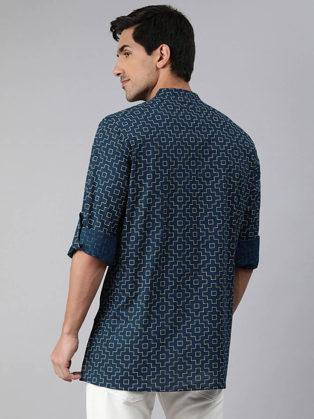 Janasya Men Navy Blue & Yellow Geometric Printed Kurta