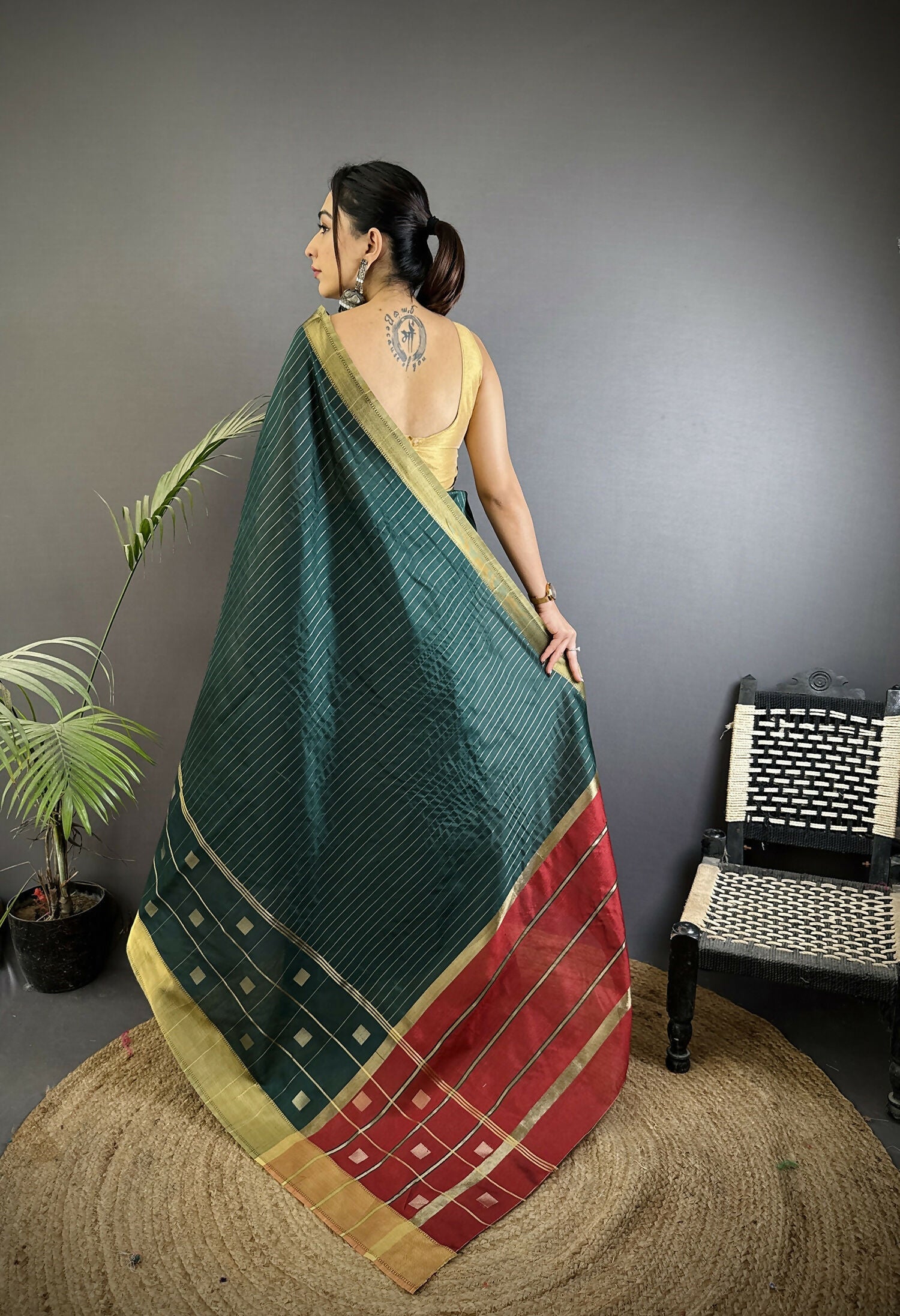 Joban Fashion Teal Bhagalpuri Cotton Silk Stripes/Box Saree