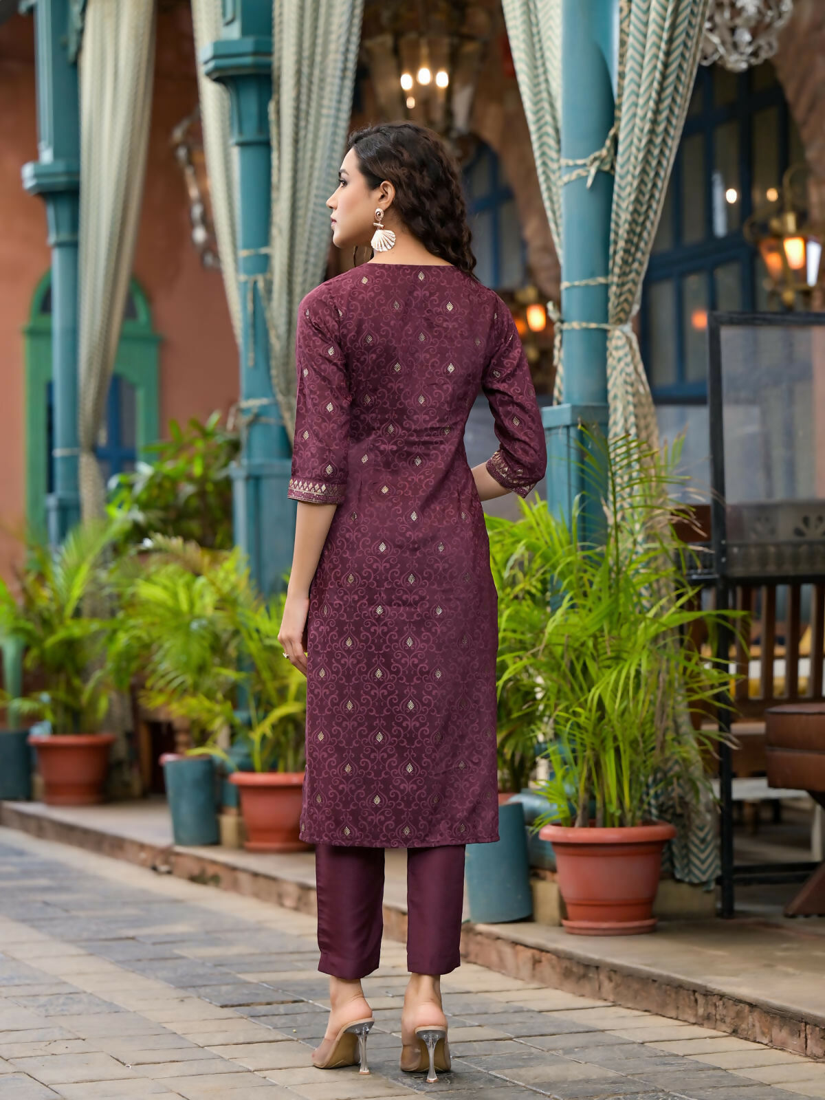 Juniper Women's Wine Ethnic Motif Printed Muslin Kurta Set With Zari Work & Gota Patti