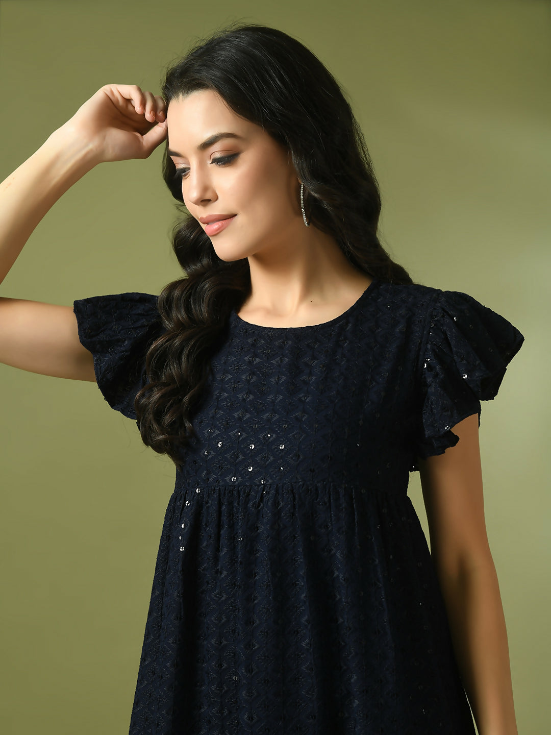 Myshka Women's Navy Blue Embroidered Cotton Round Neck A-Line Party Dress