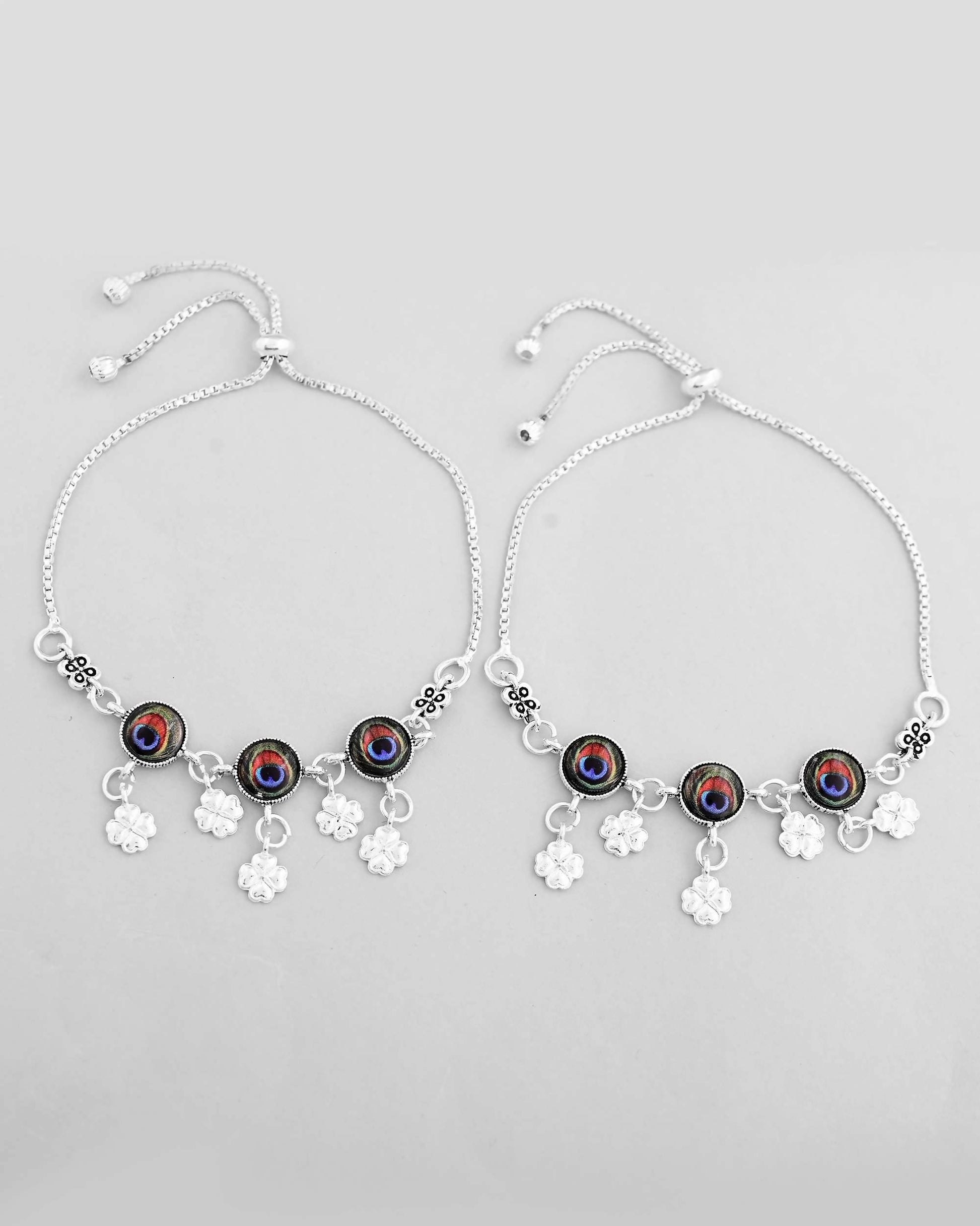 VOJ Set of 2 Silver Plated Peacock Printed HandCrafted Anklet 