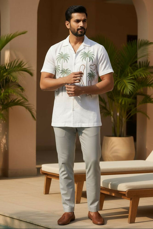 Tansira — White Palm Embroidered Linen Shirt by Hilo Design