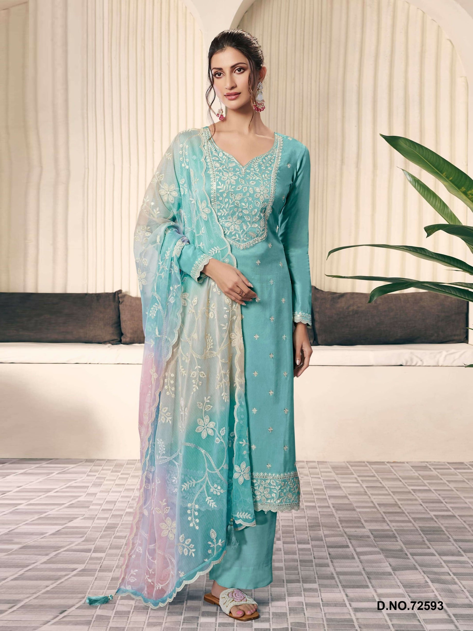 Anaita Sky Blue Moonga Silk Stitched Suit with Embroidery Sequence Work
