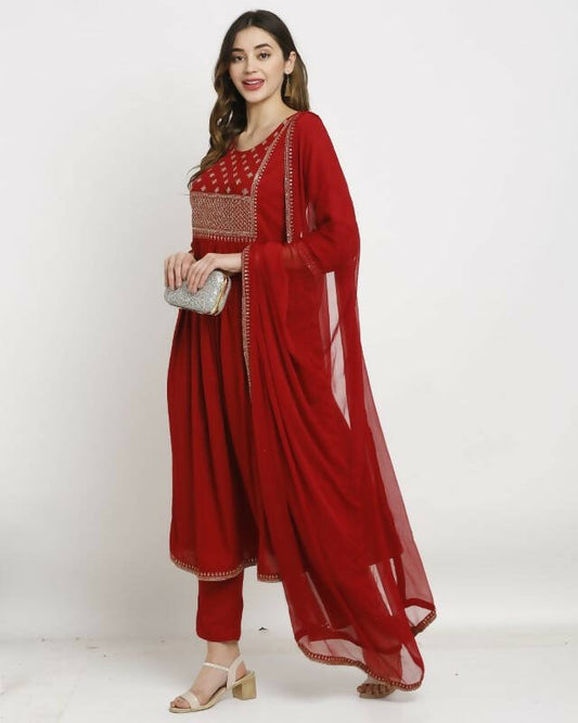 Aastha Fashion Women's Maroon Rayon Slub Embroidered Kurta with Trouser & Dupatta - Grab2buy