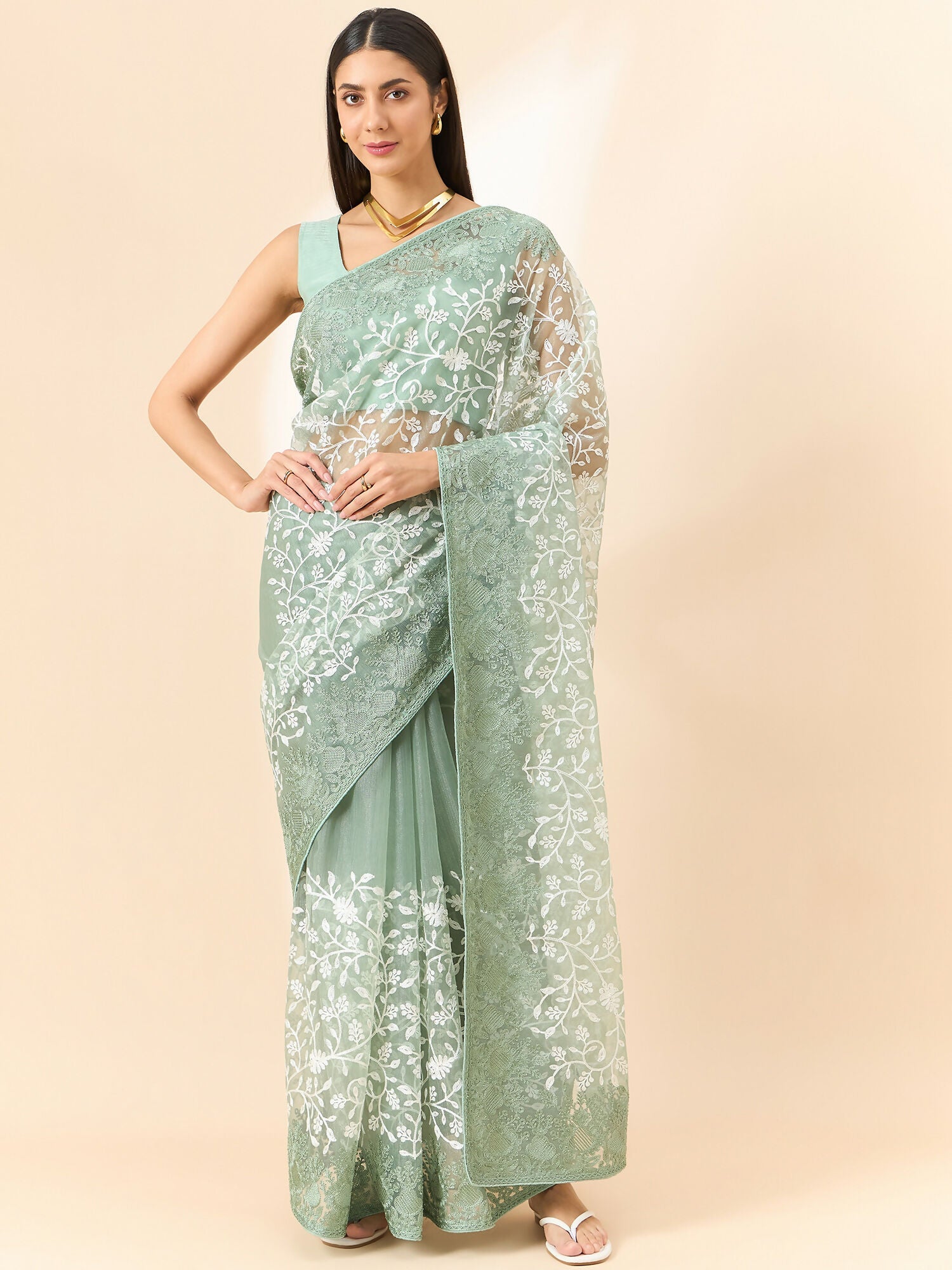 Green Organza Floral Embroidered Saree with Unstitched Blouse Piece - Roozal