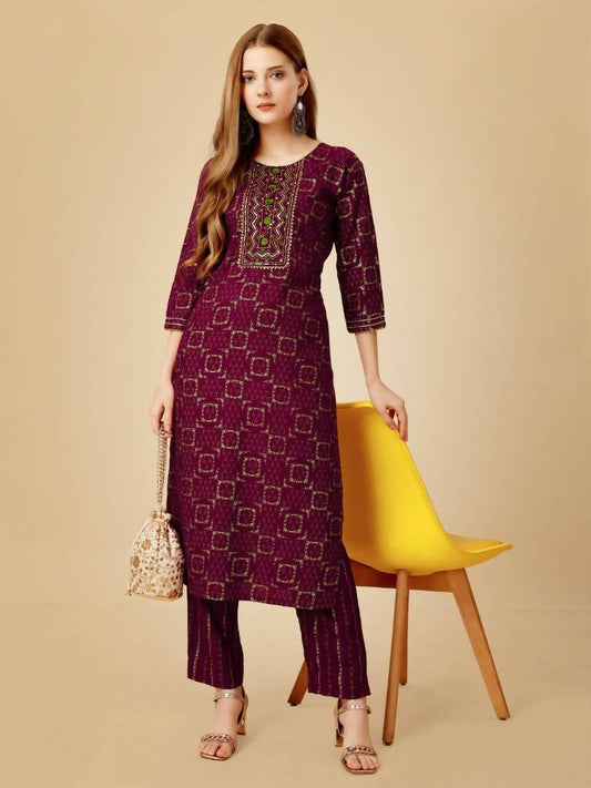 Aastha Fashion Women's Wine Viscose Rayon Embroidered Kurta Pant Set - Grab2buy